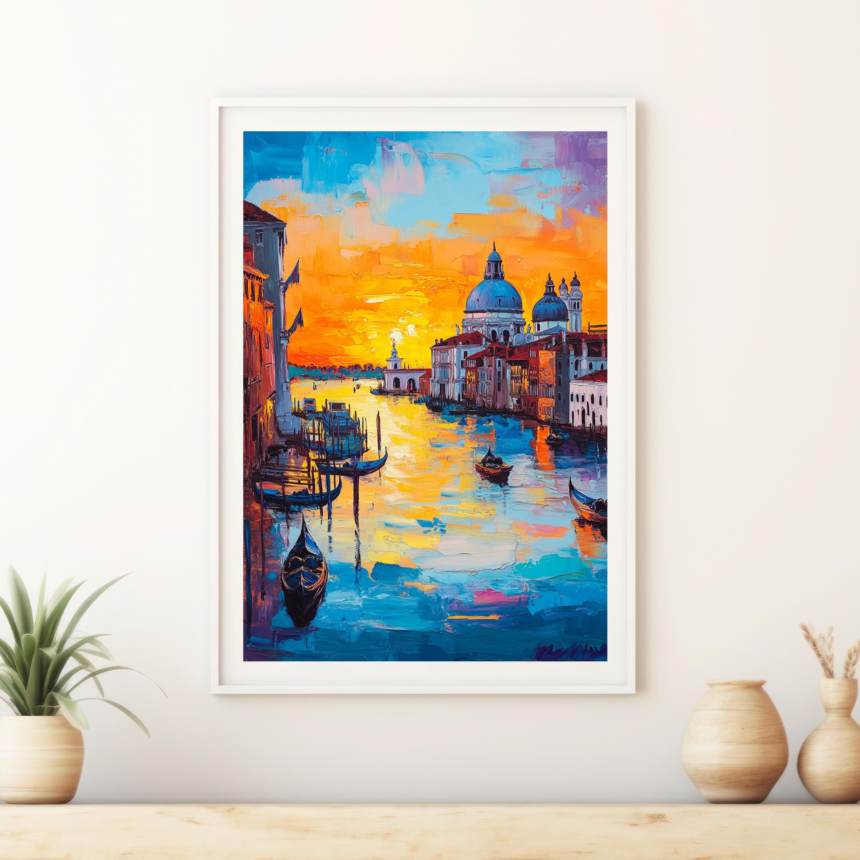 Venetian Sunset" – Vibrant Painting of Venice Canals and Gondolas at Dusk