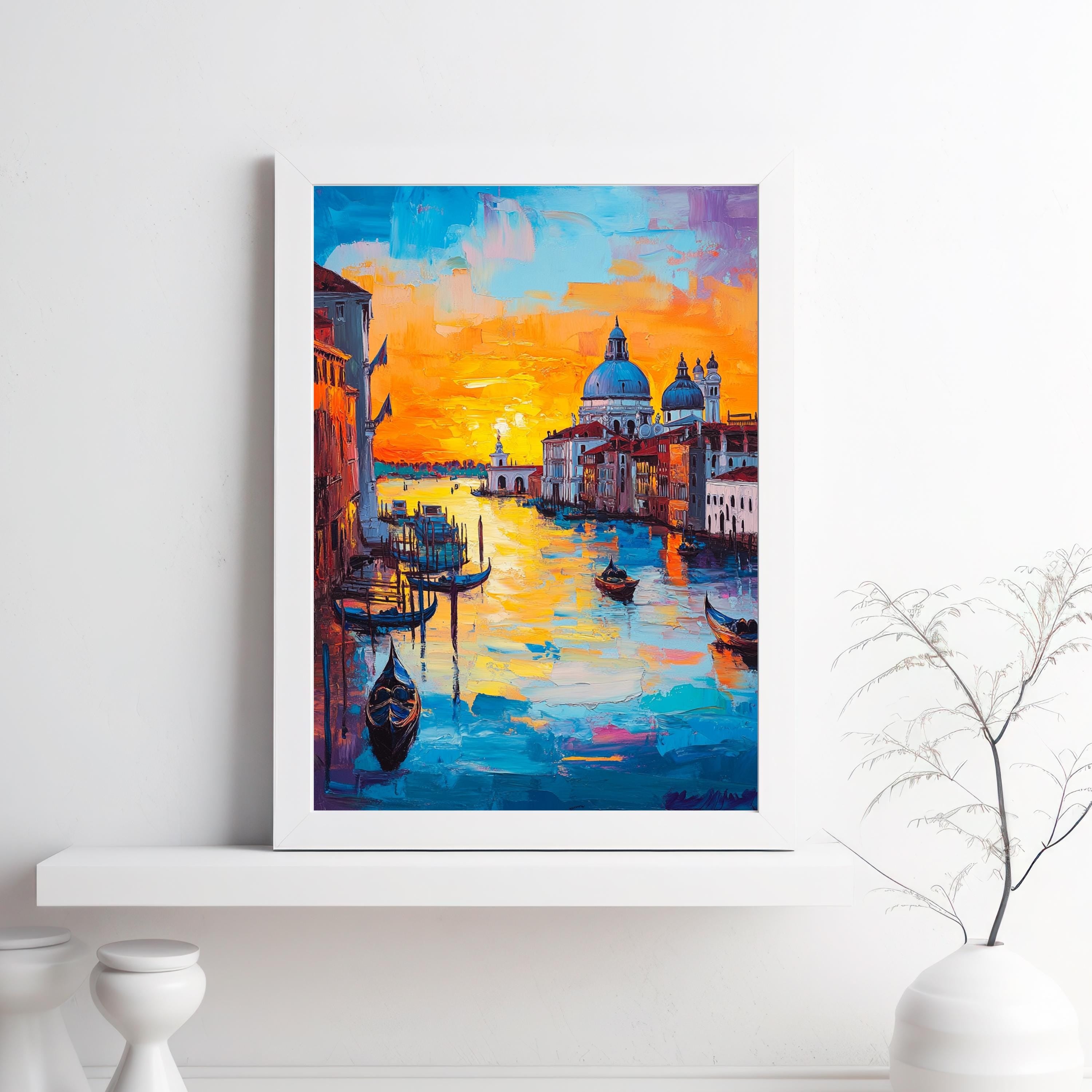 Venetian Sunset" – Vibrant Painting of Venice Canals and Gondolas at Dusk