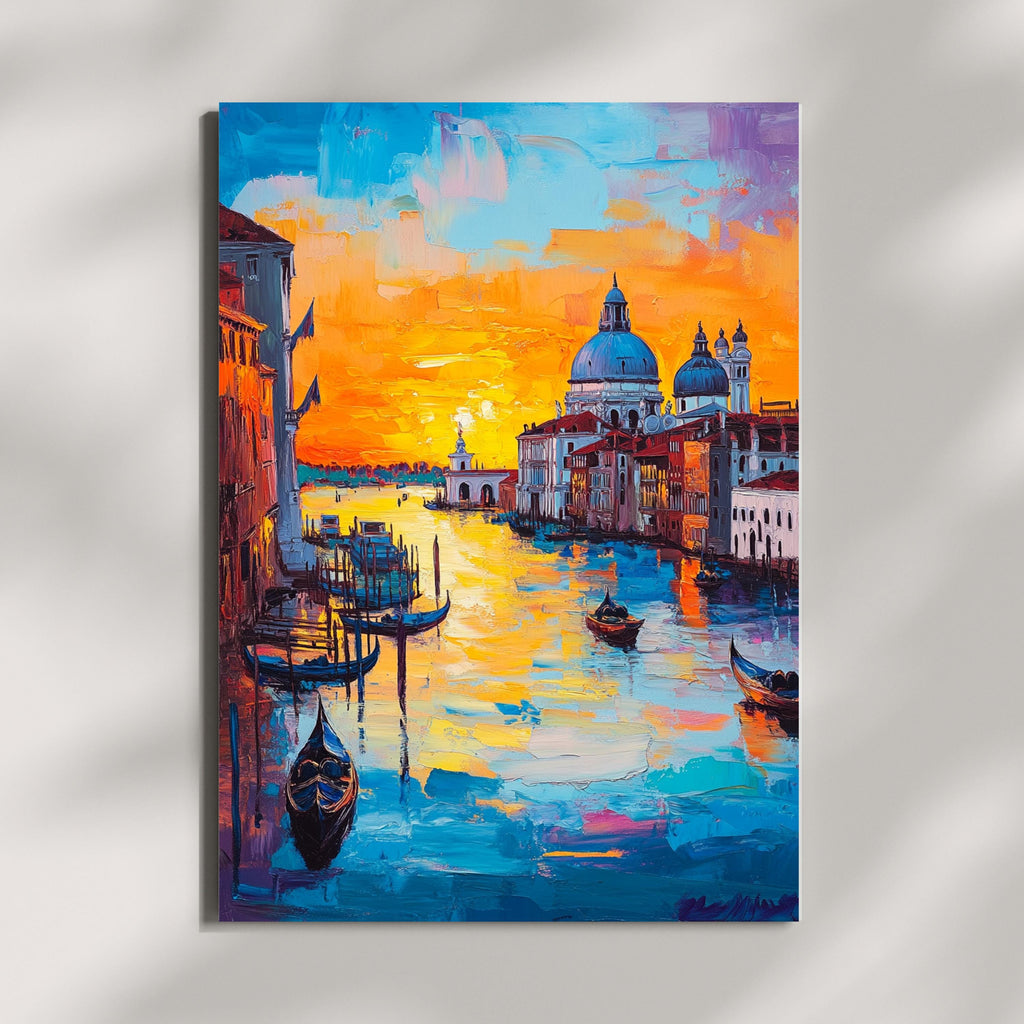 Venetian Sunset" – Vibrant Painting of Venice Canals and Gondolas at Dusk