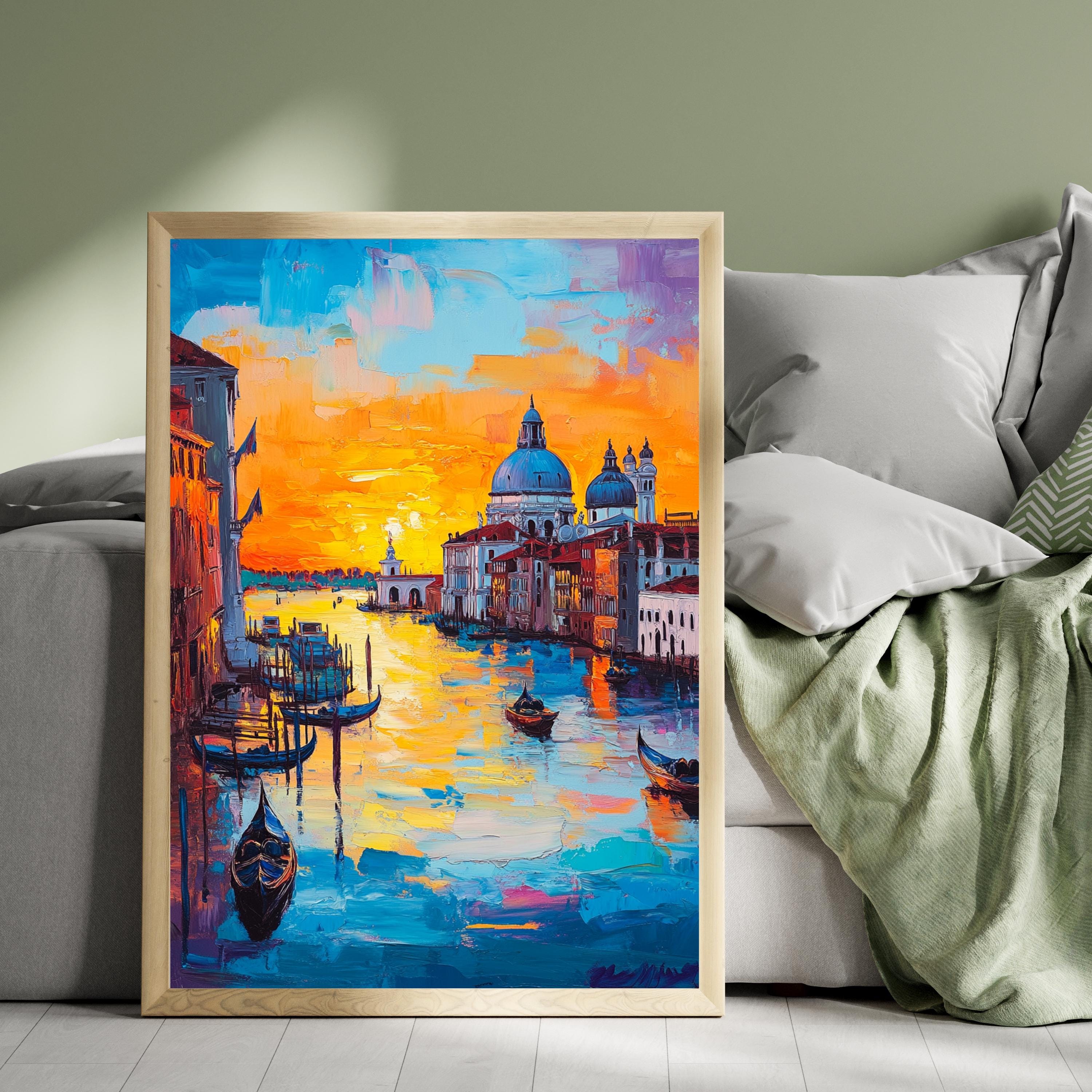 Venetian Sunset" – Vibrant Painting of Venice Canals and Gondolas at Dusk
