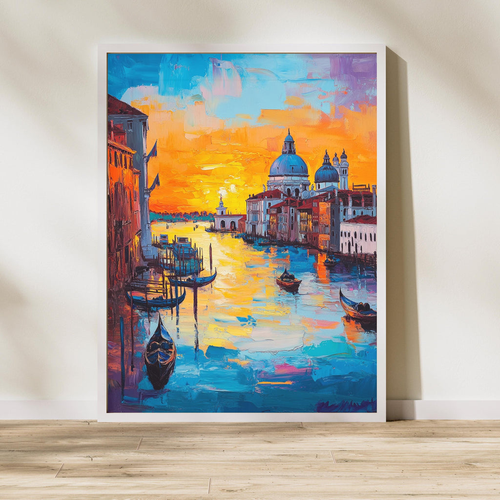Venetian Sunset" – Vibrant Painting of Venice Canals and Gondolas at Dusk