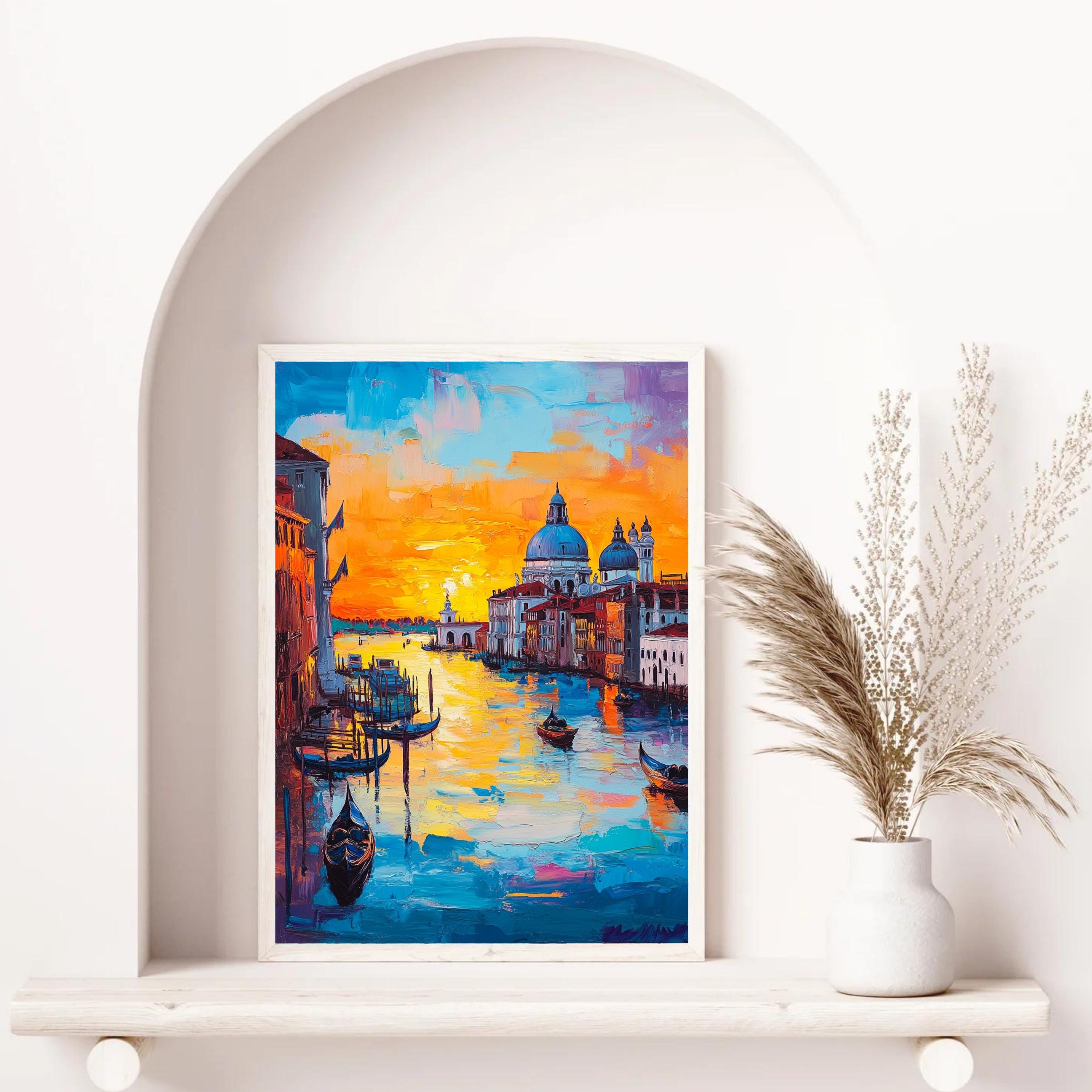 Venetian Sunset" – Vibrant Painting of Venice Canals and Gondolas at Dusk