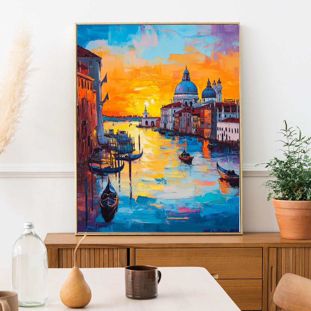 Venetian Sunset" – Vibrant Painting of Venice Canals and Gondolas at Dusk