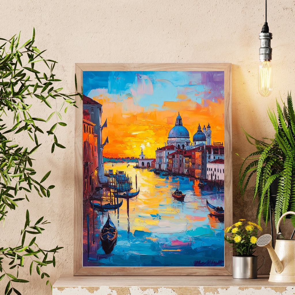 Venetian Sunset" – Vibrant Painting of Venice Canals and Gondolas at Dusk