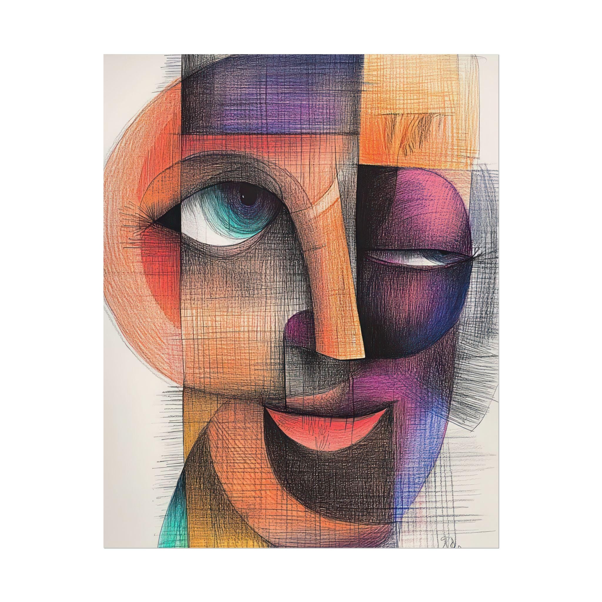 Cubist Abstract Face Art Print – Modern Geometric Portrait Painting