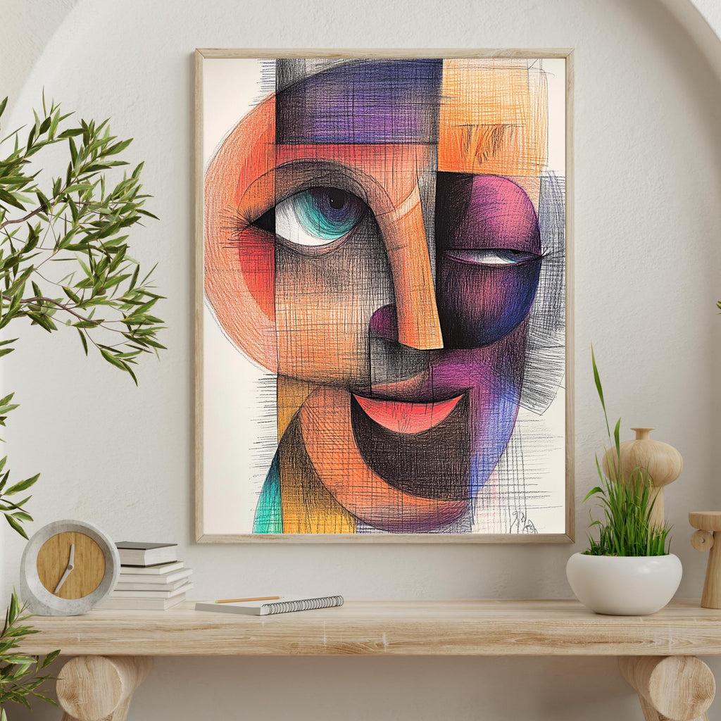Cubist Abstract Face Art Print – Modern Geometric Portrait Painting