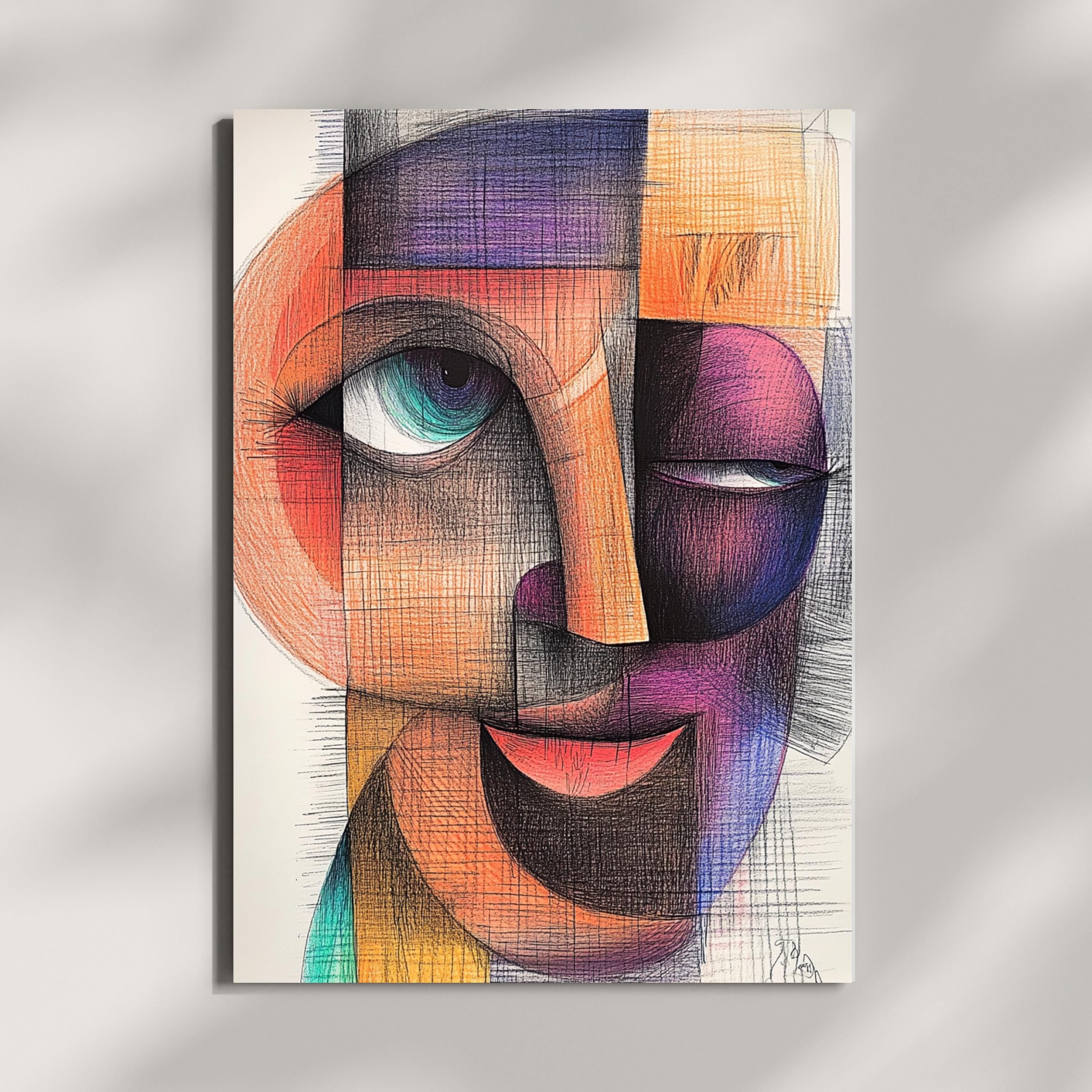 Cubist Abstract Face Art Print – Modern Geometric Portrait Painting