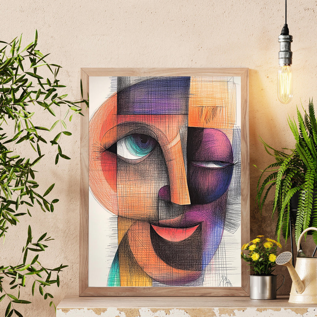 Cubist Abstract Face Art Print – Modern Geometric Portrait Painting