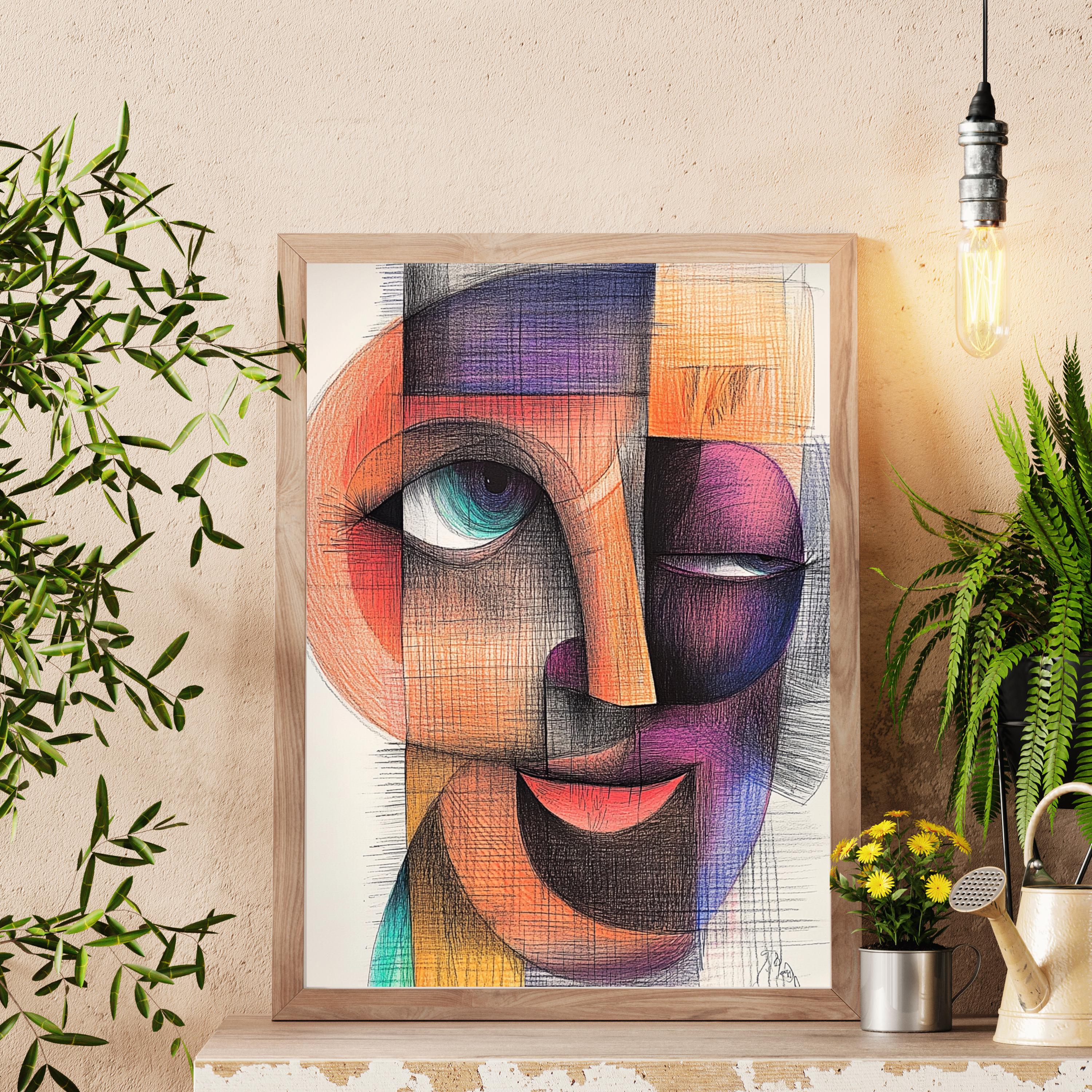 Cubist Abstract Face Art Print – Modern Geometric Portrait Painting