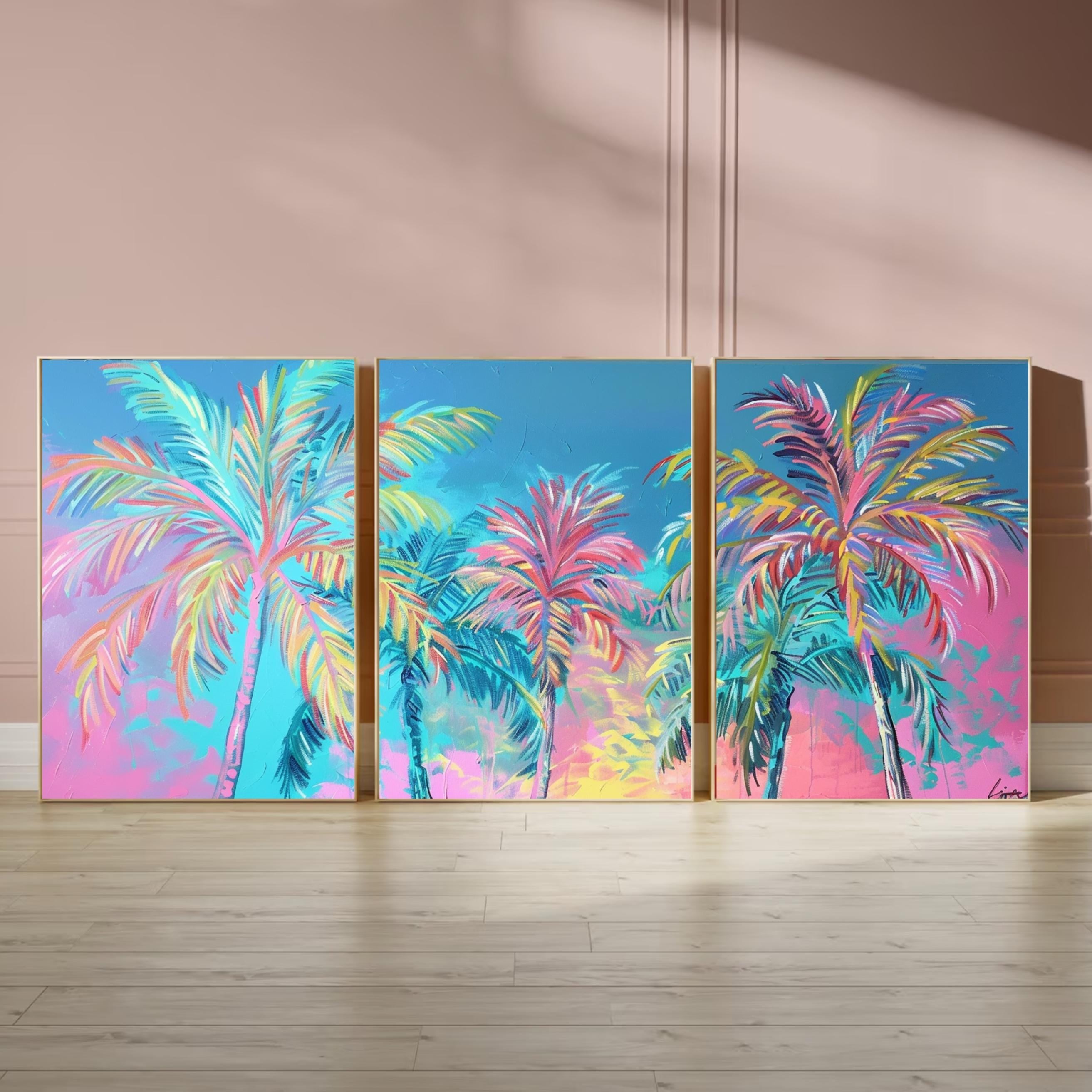 Neon Palm Tree Trio: Pastel Neon Paradise Wall Art Set, Three-Piece Poster Set , Perfect for above the Couch or Bed