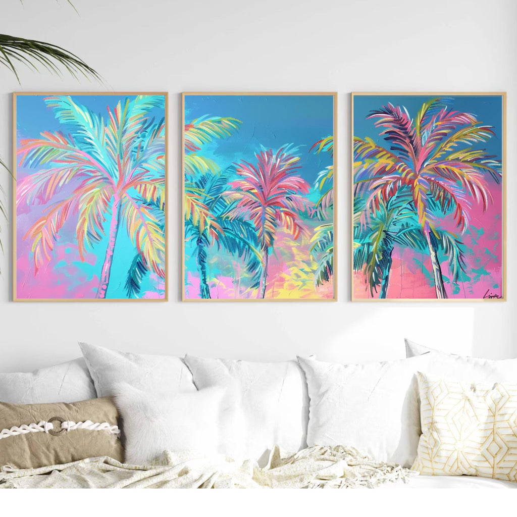 Neon Palm Tree Trio: Pastel Neon Paradise Wall Art Set, Three-Piece Poster Set , Perfect for above the Couch or Bed