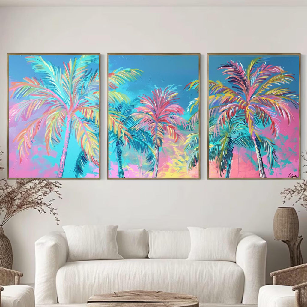 Neon Palm Tree Trio: Pastel Neon Paradise Wall Art Set, Three-Piece Poster Set , Perfect for above the Couch or Bed