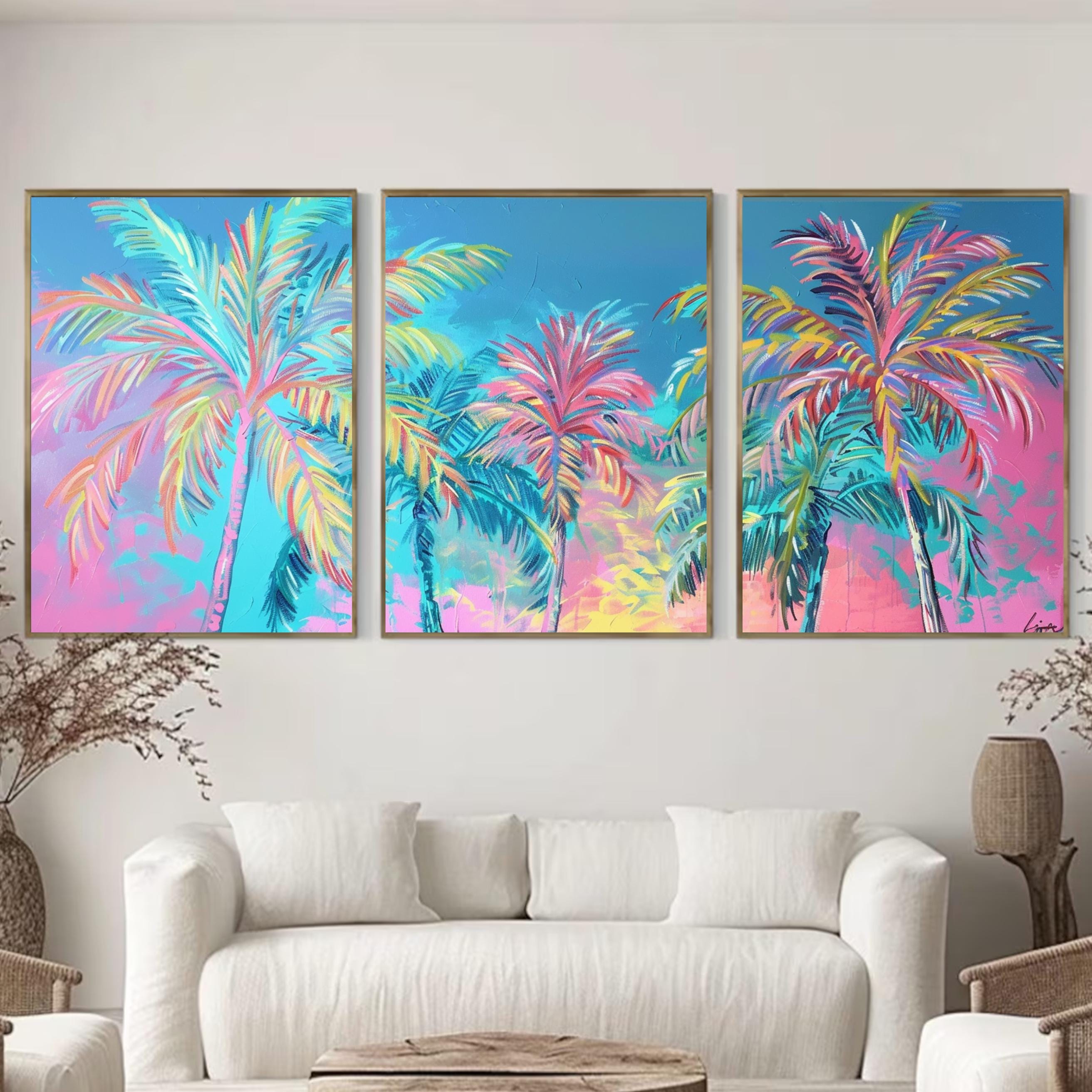 Neon Palm Tree Trio: Pastel Neon Paradise Wall Art Set, Three-Piece Poster Set , Perfect for above the Couch or Bed