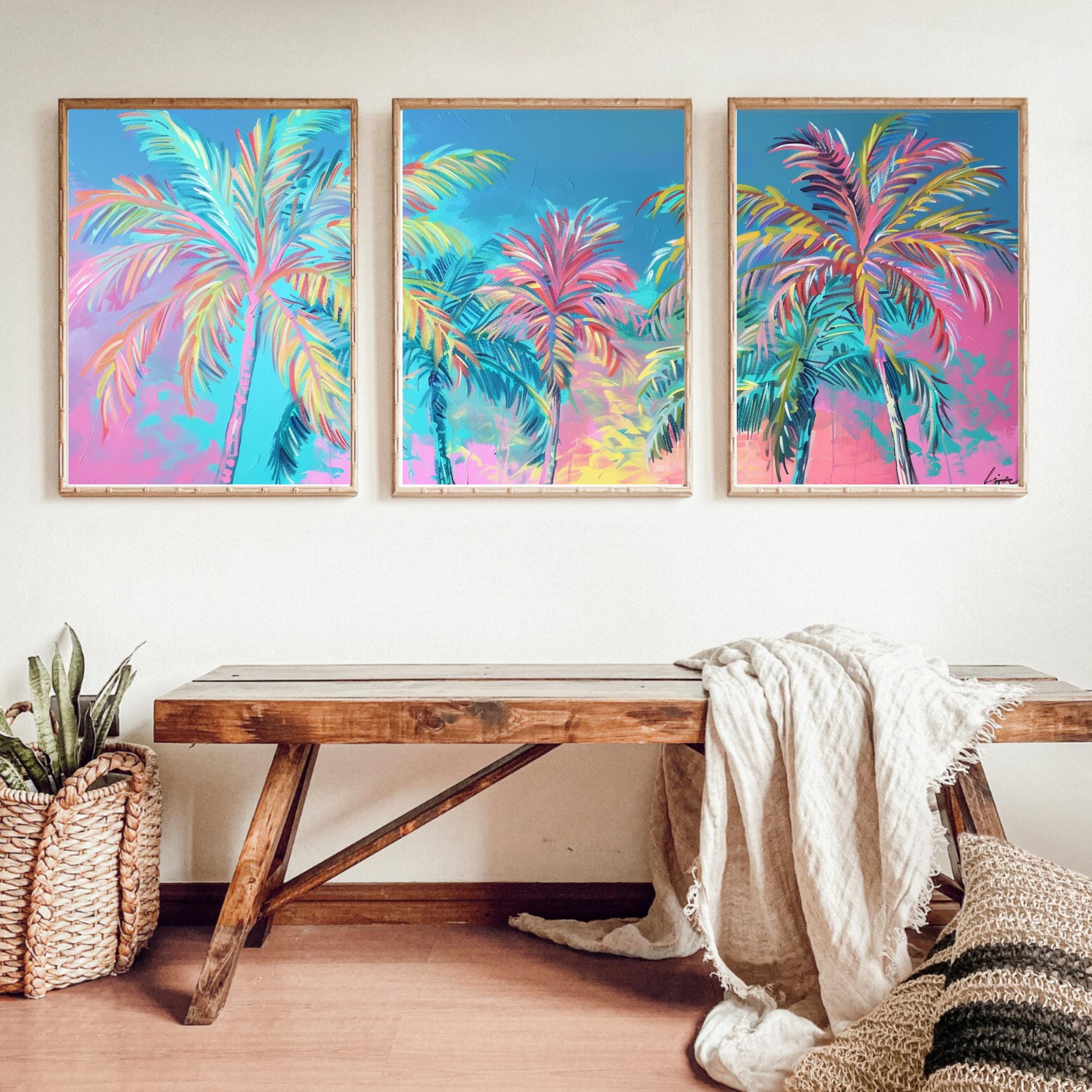 Neon Palm Tree Trio: Pastel Neon Paradise Wall Art Set, Three-Piece Poster Set , Perfect for above the Couch or Bed