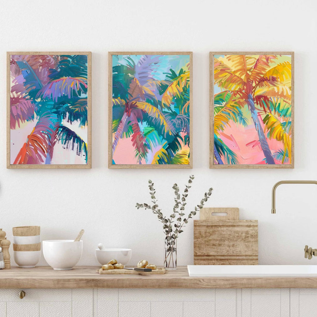 Colorful Palm Tree Set of Three - Tropical Serenity: Pastel Palm Dreams