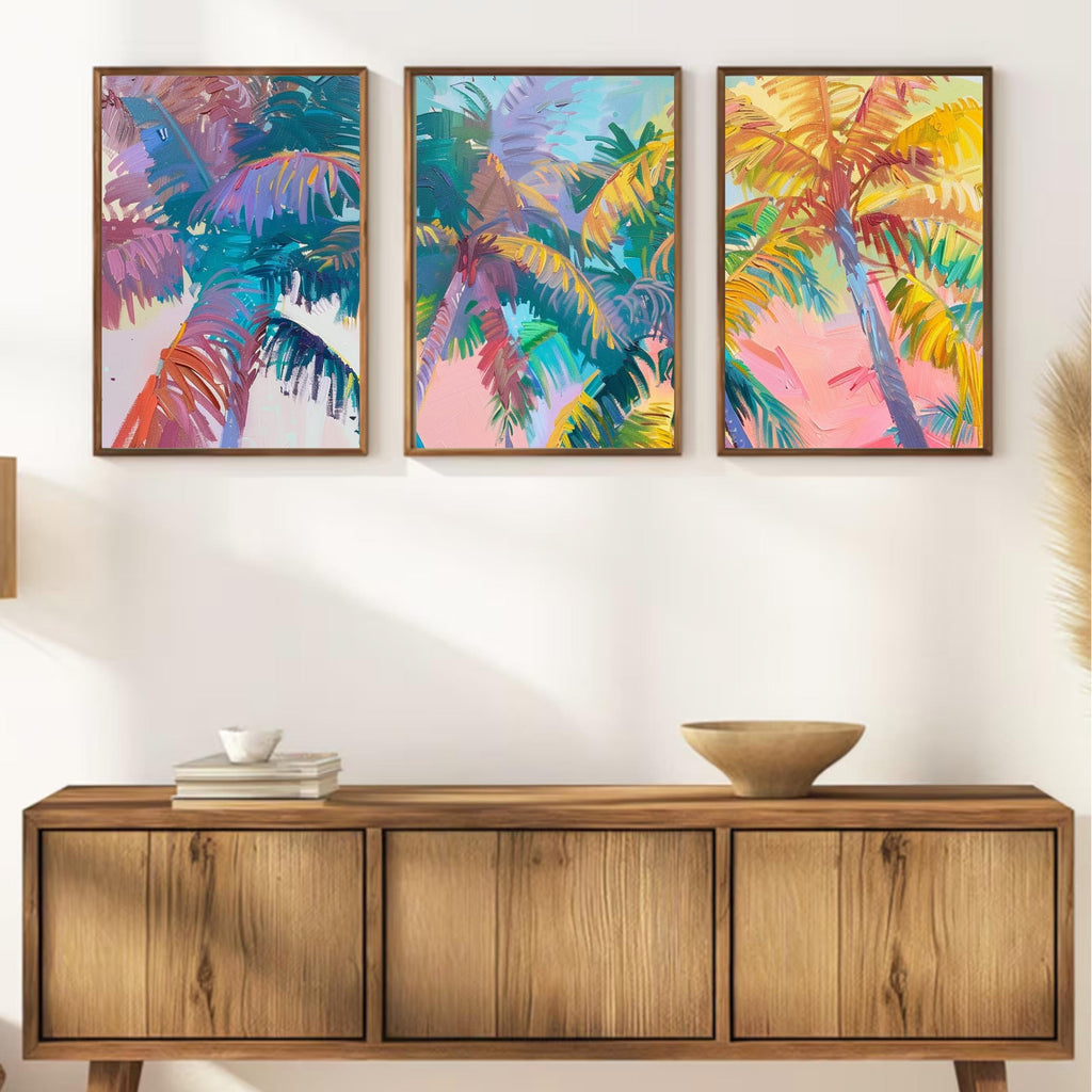 Colorful Palm Tree Set of Three - Tropical Serenity: Pastel Palm Dreams