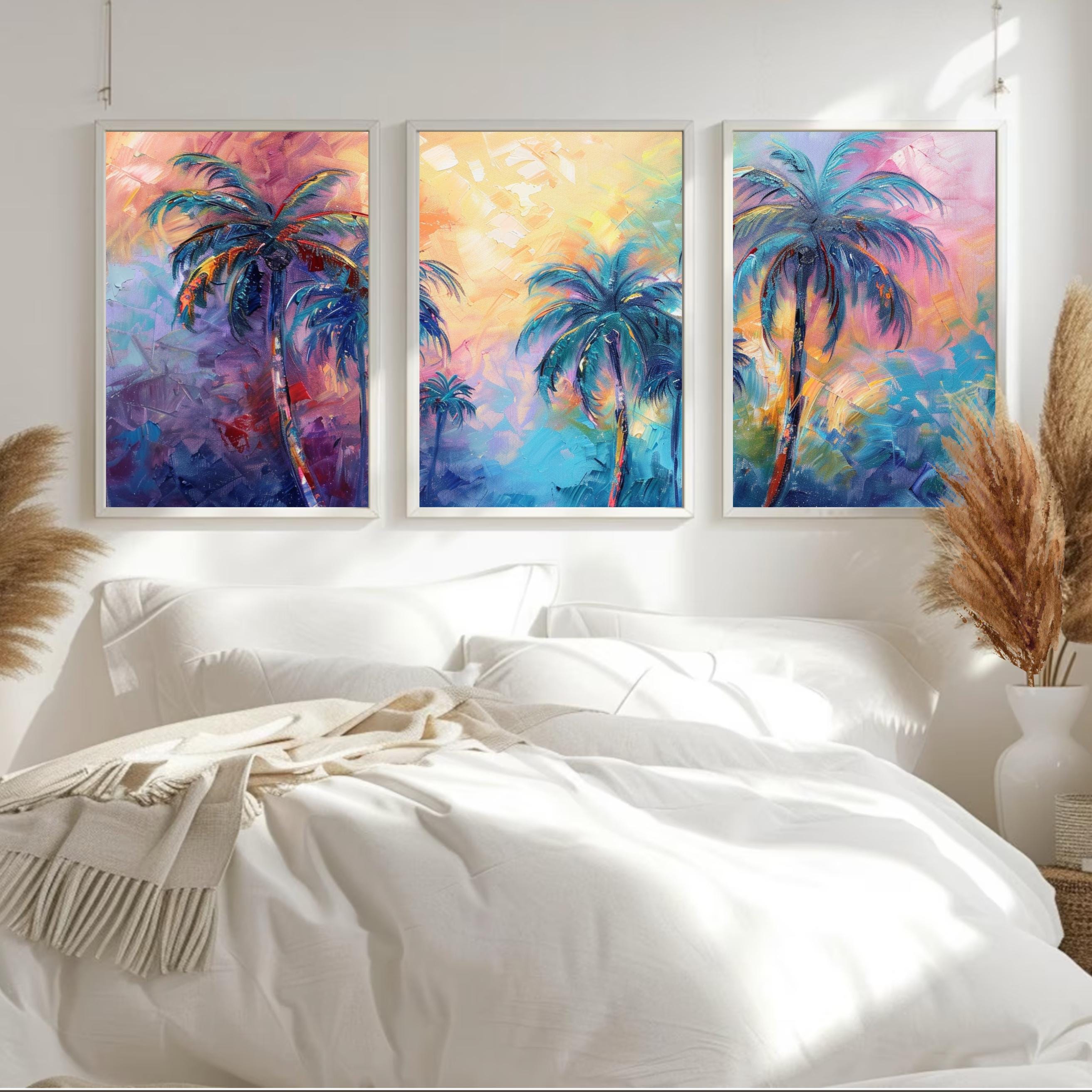 Rainbow Palm Tree Trio: Pastel Paradise Wall Art Set, Three-Piece Poster Set , Perfect for above the Couch or Bed