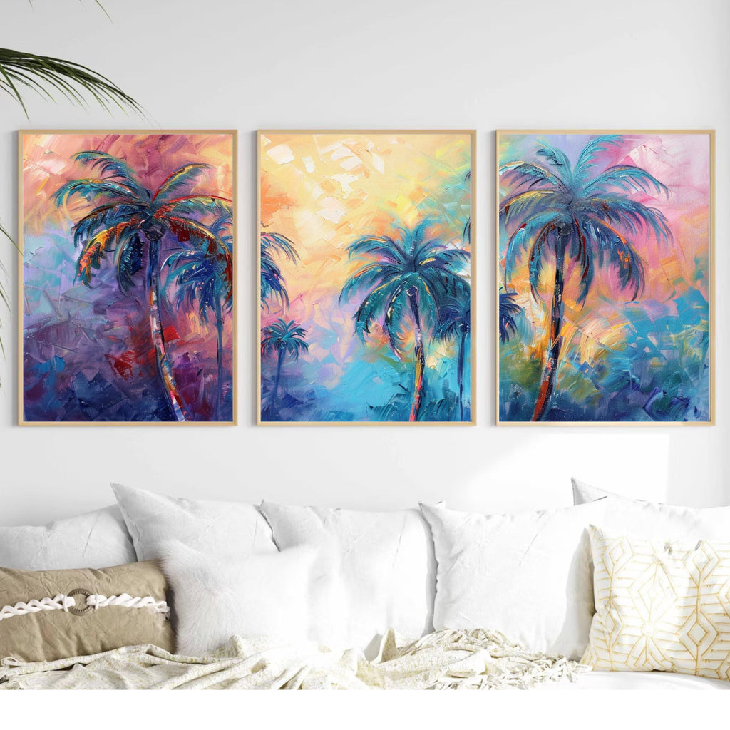 Rainbow Palm Tree Trio: Pastel Paradise Wall Art Set, Three-Piece Poster Set , Perfect for above the Couch or Bed