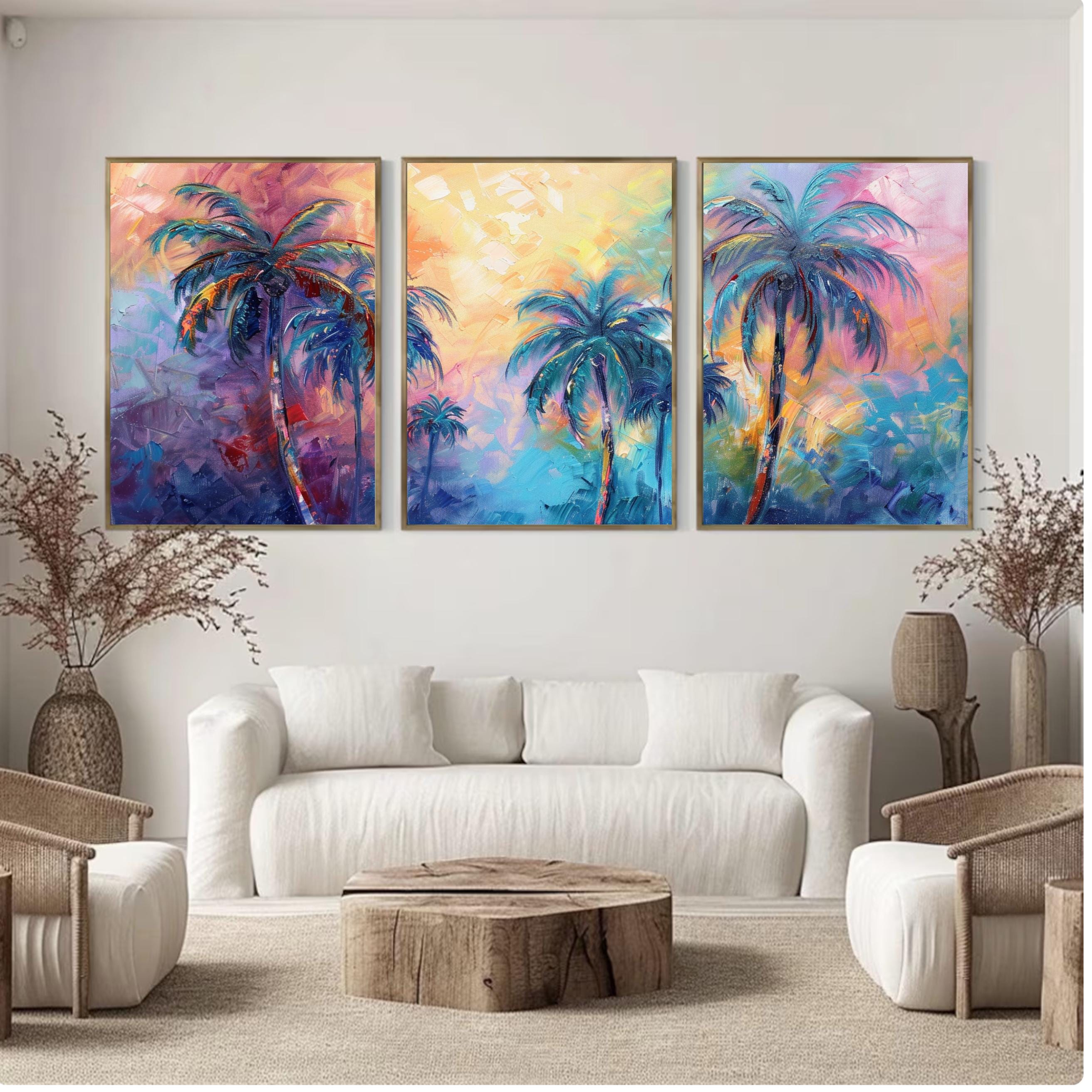Rainbow Palm Tree Trio: Pastel Paradise Wall Art Set, Three-Piece Poster Set , Perfect for above the Couch or Bed
