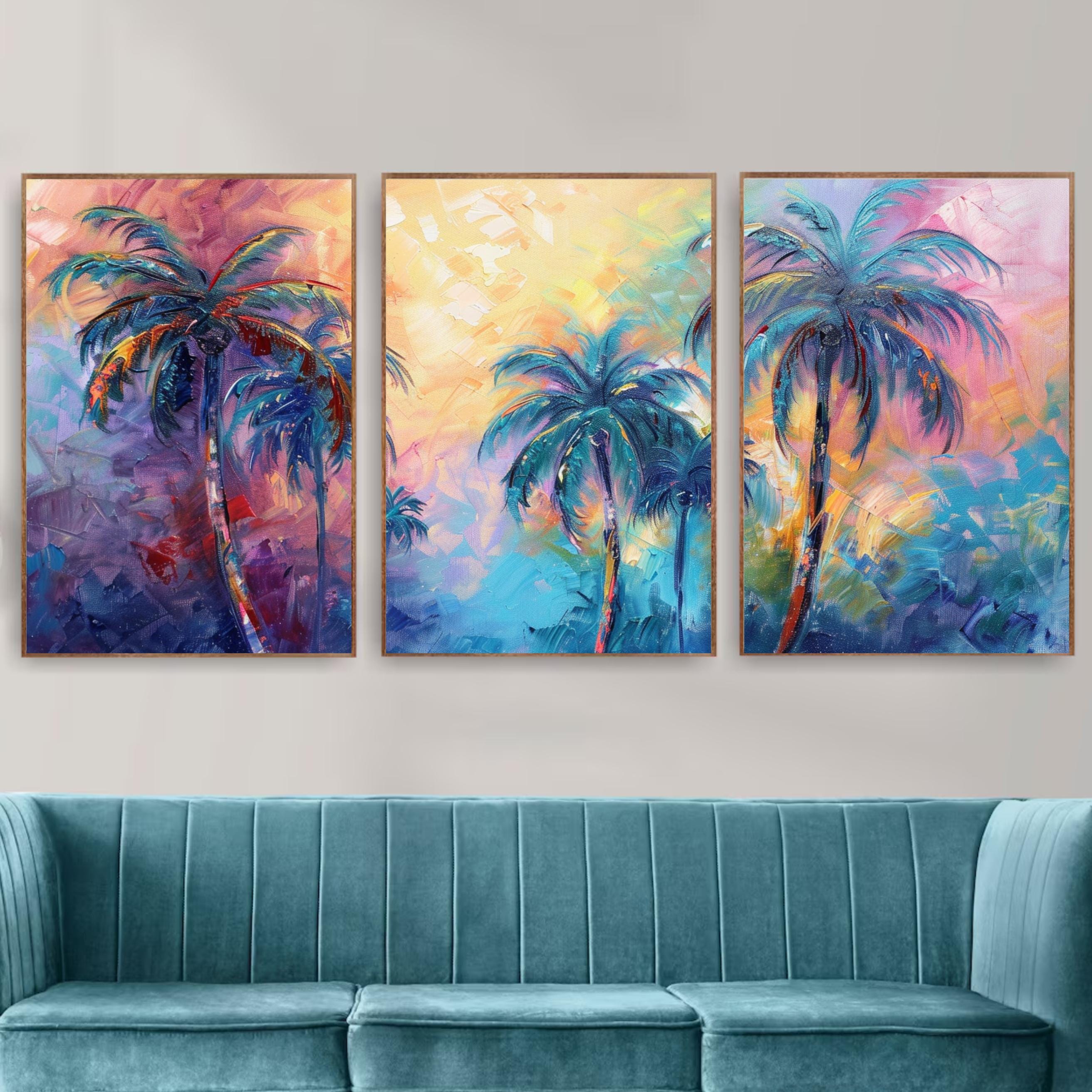 Rainbow Palm Tree Trio: Pastel Paradise Wall Art Set, Three-Piece Poster Set , Perfect for above the Couch or Bed