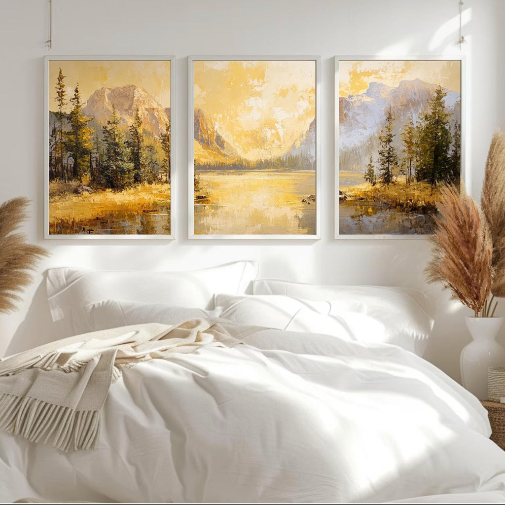 Yellowstone National Park 3-Panel Canvas Print – Golden Mountain Lake Landscape, Nature Wall Art Set