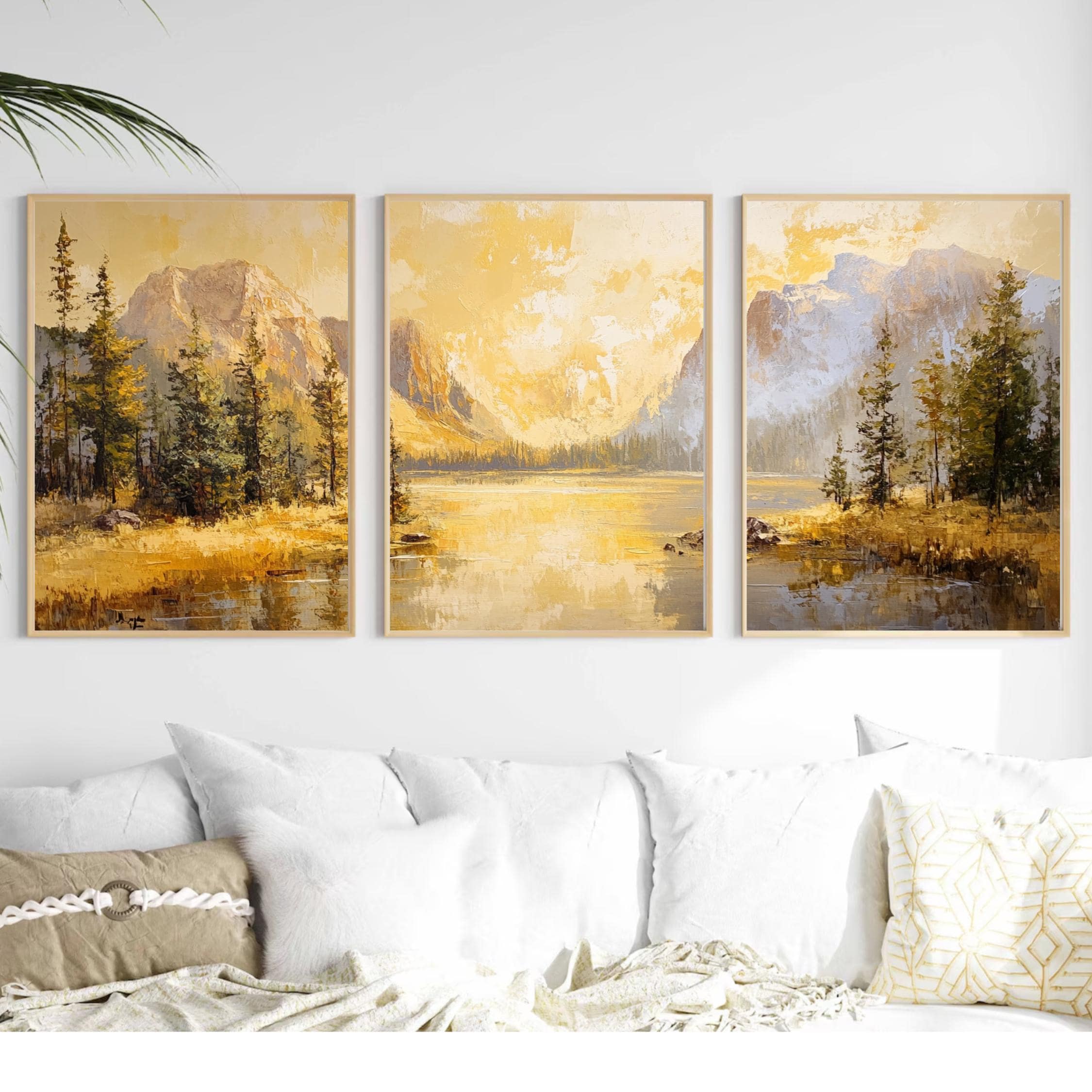 Yellowstone National Park 3-Panel Canvas Print – Golden Mountain Lake Landscape, Nature Wall Art Set