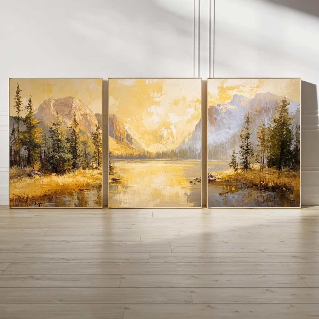 Yellowstone National Park 3-Panel Canvas Print – Golden Mountain Lake Landscape, Nature Wall Art Set