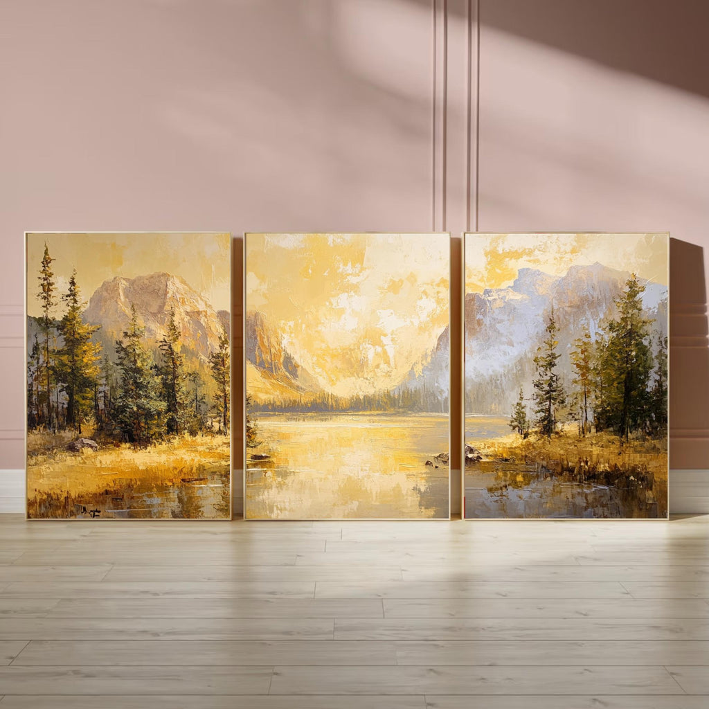 Yellowstone National Park 3-Panel Canvas Print – Golden Mountain Lake Landscape, Nature Wall Art Set