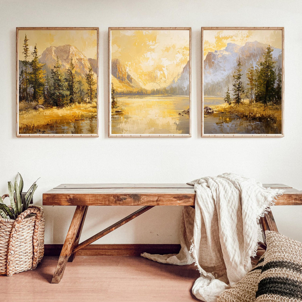 Yellowstone National Park 3-Panel Canvas Print – Golden Mountain Lake Landscape, Nature Wall Art Set