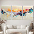 bstract Mountain Sunrise 3-Panel Wall Art – Large Modern Triptych for Beige Living Rooms