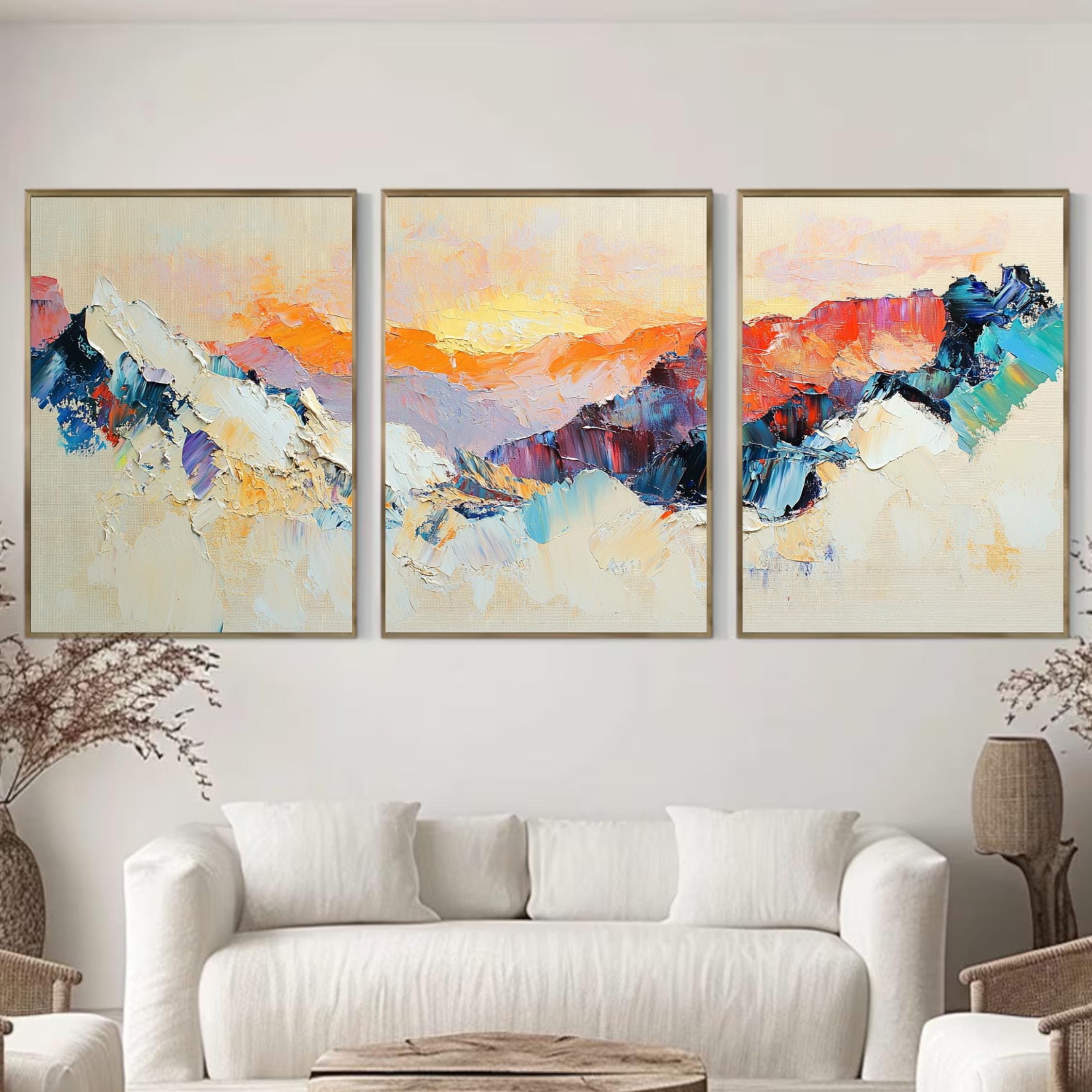 bstract Mountain Sunrise 3-Panel Wall Art – Large Modern Triptych for Beige Living Rooms