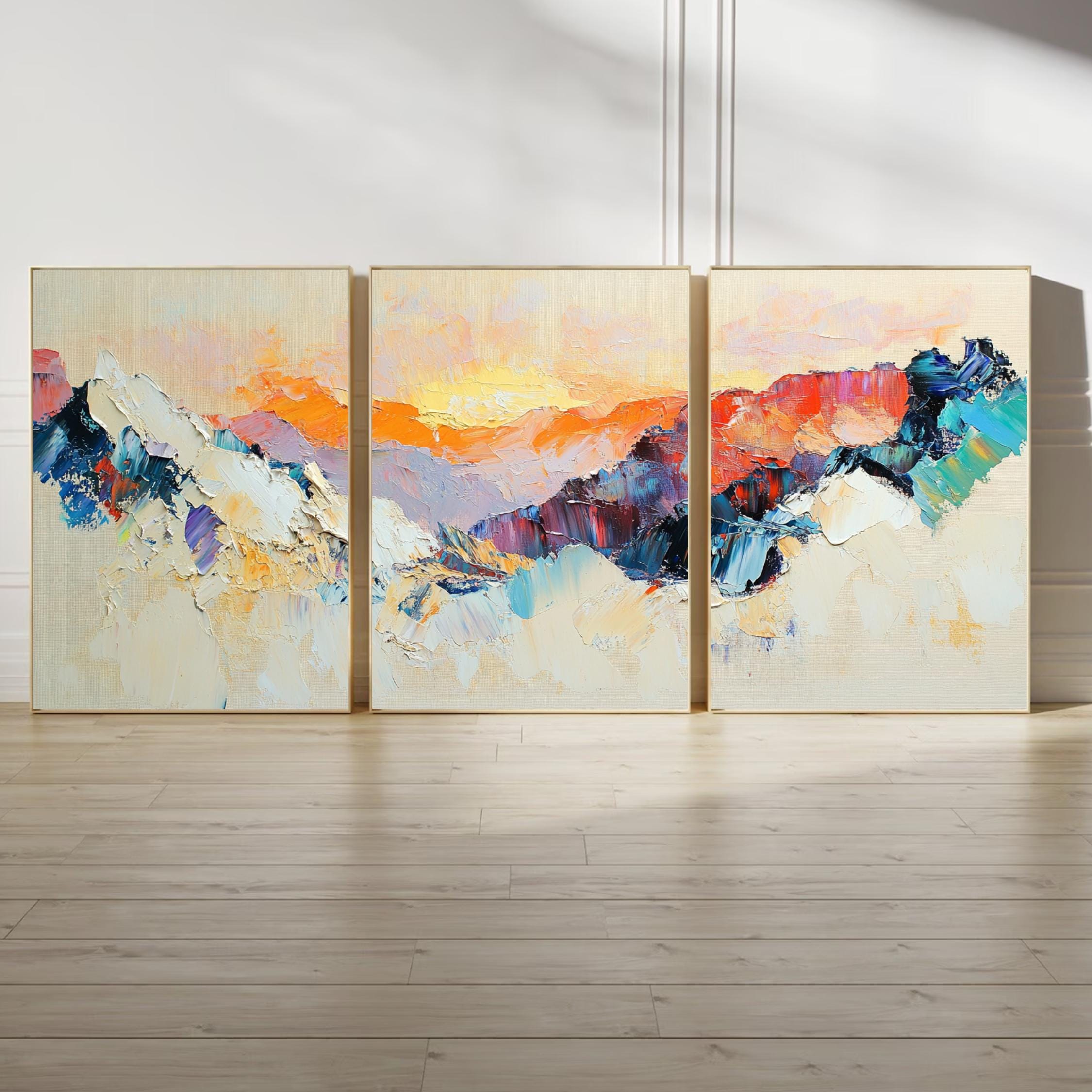 bstract Mountain Sunrise 3-Panel Wall Art – Large Modern Triptych for Beige Living Rooms