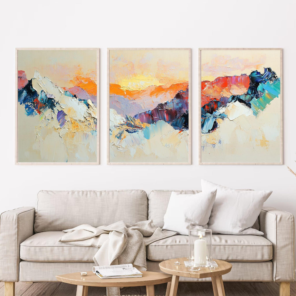 bstract Mountain Sunrise 3-Panel Wall Art – Large Modern Triptych for Beige Living Rooms