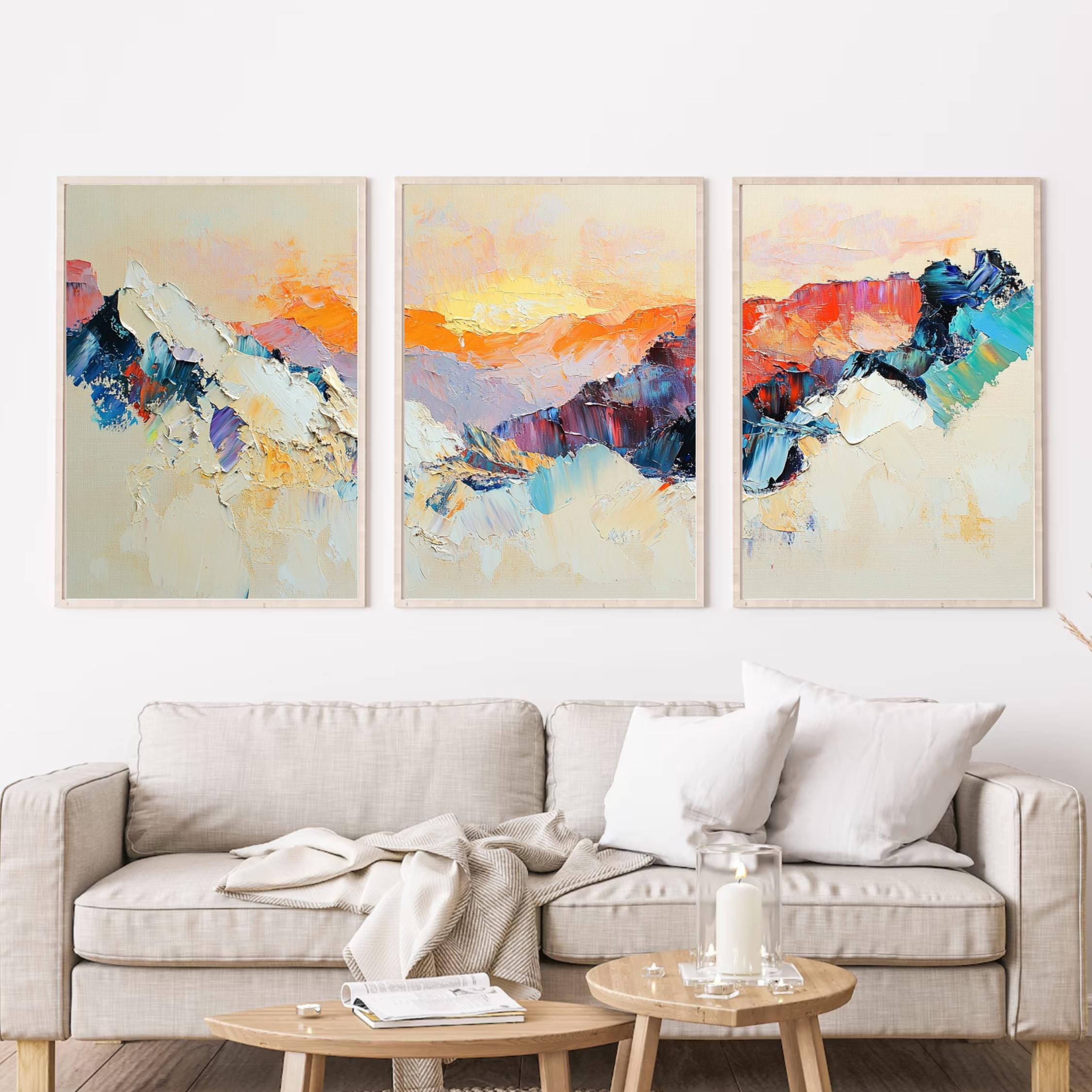 bstract Mountain Sunrise 3-Panel Wall Art – Large Modern Triptych for Beige Living Rooms