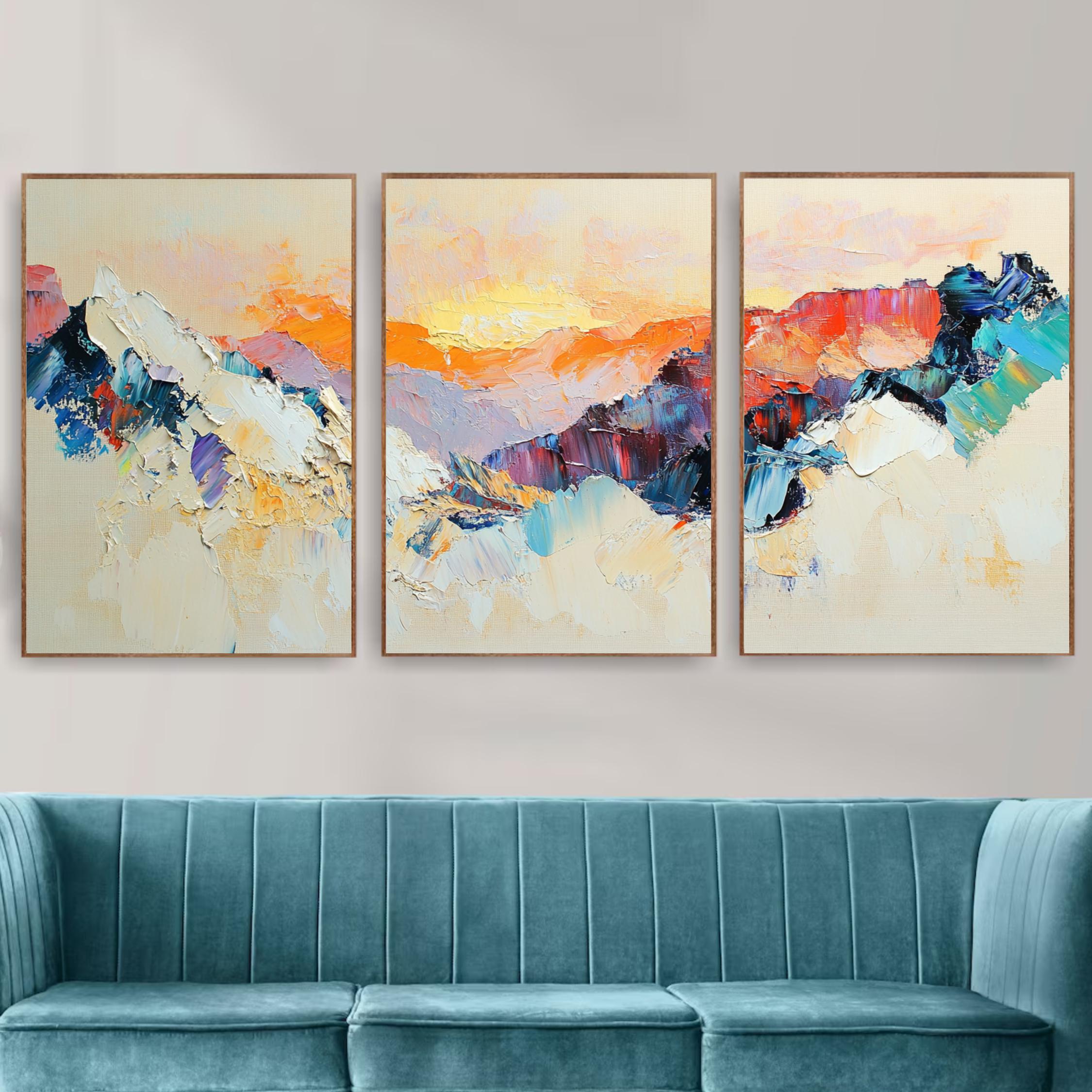 bstract Mountain Sunrise 3-Panel Wall Art – Large Modern Triptych for Beige Living Rooms