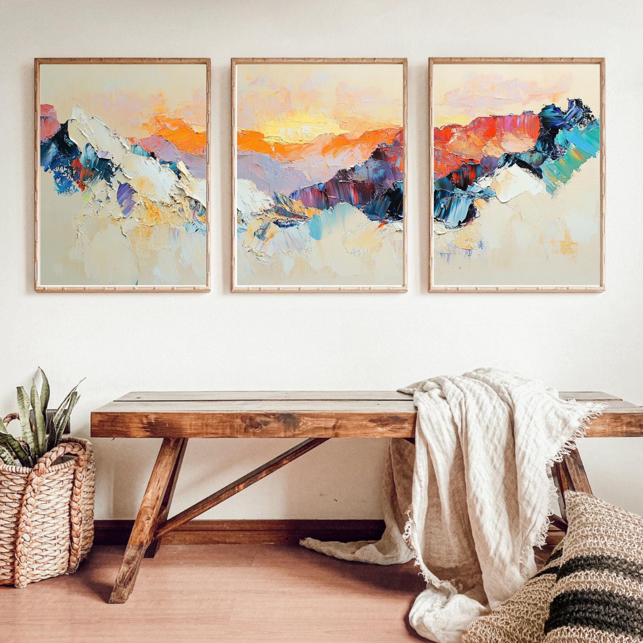 bstract Mountain Sunrise 3-Panel Wall Art – Large Modern Triptych for Beige Living Rooms