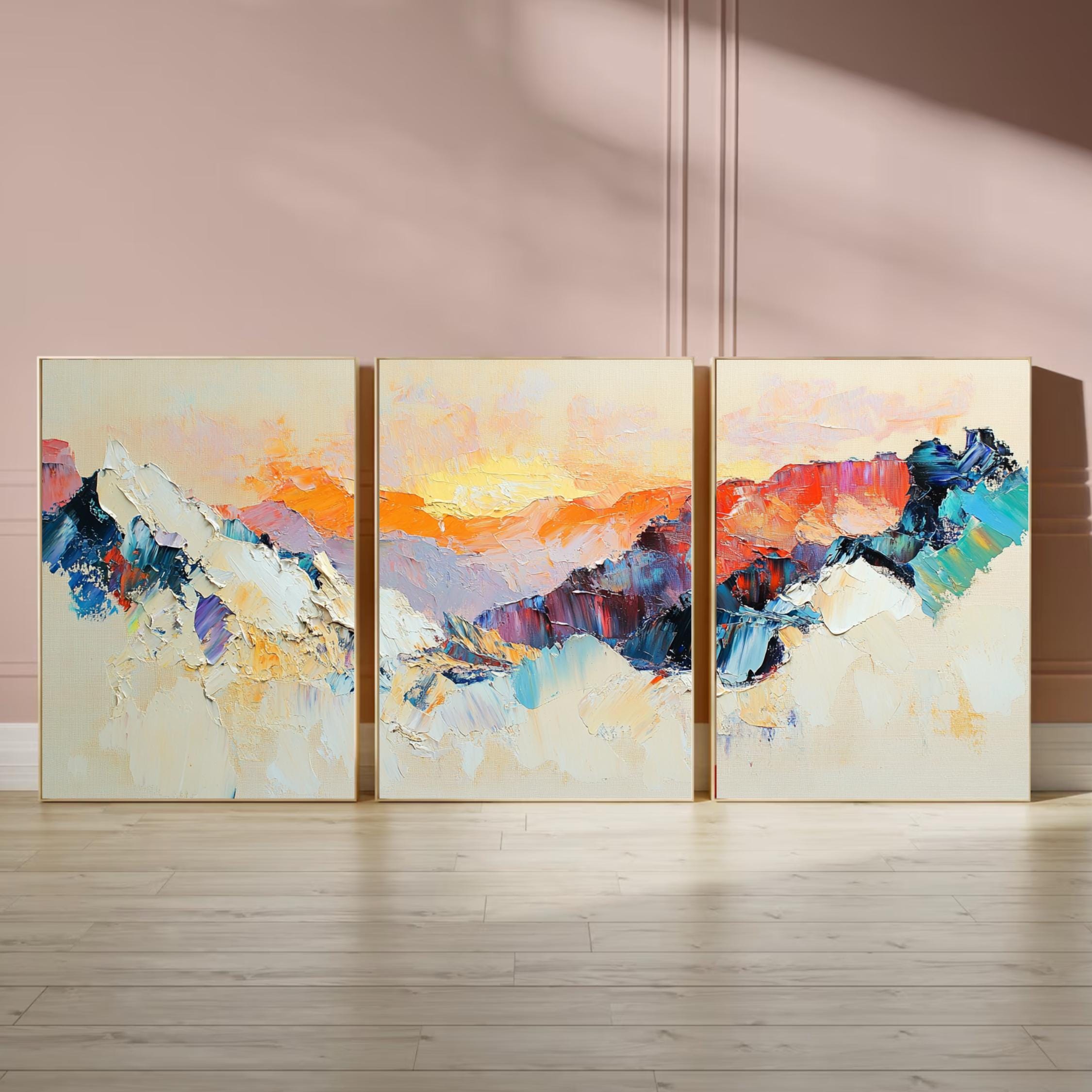 bstract Mountain Sunrise 3-Panel Wall Art – Large Modern Triptych for Beige Living Rooms