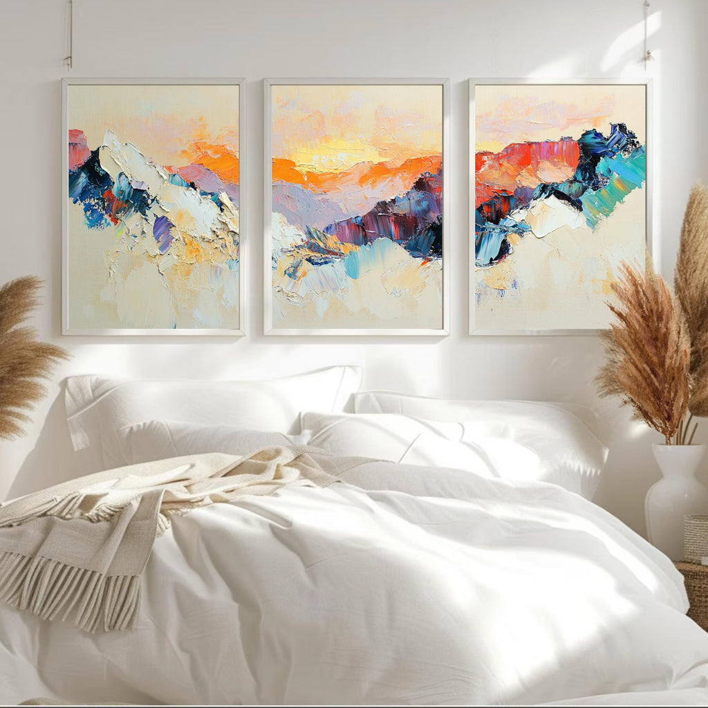 bstract Mountain Sunrise 3-Panel Wall Art – Large Modern Triptych for Beige Living Rooms
