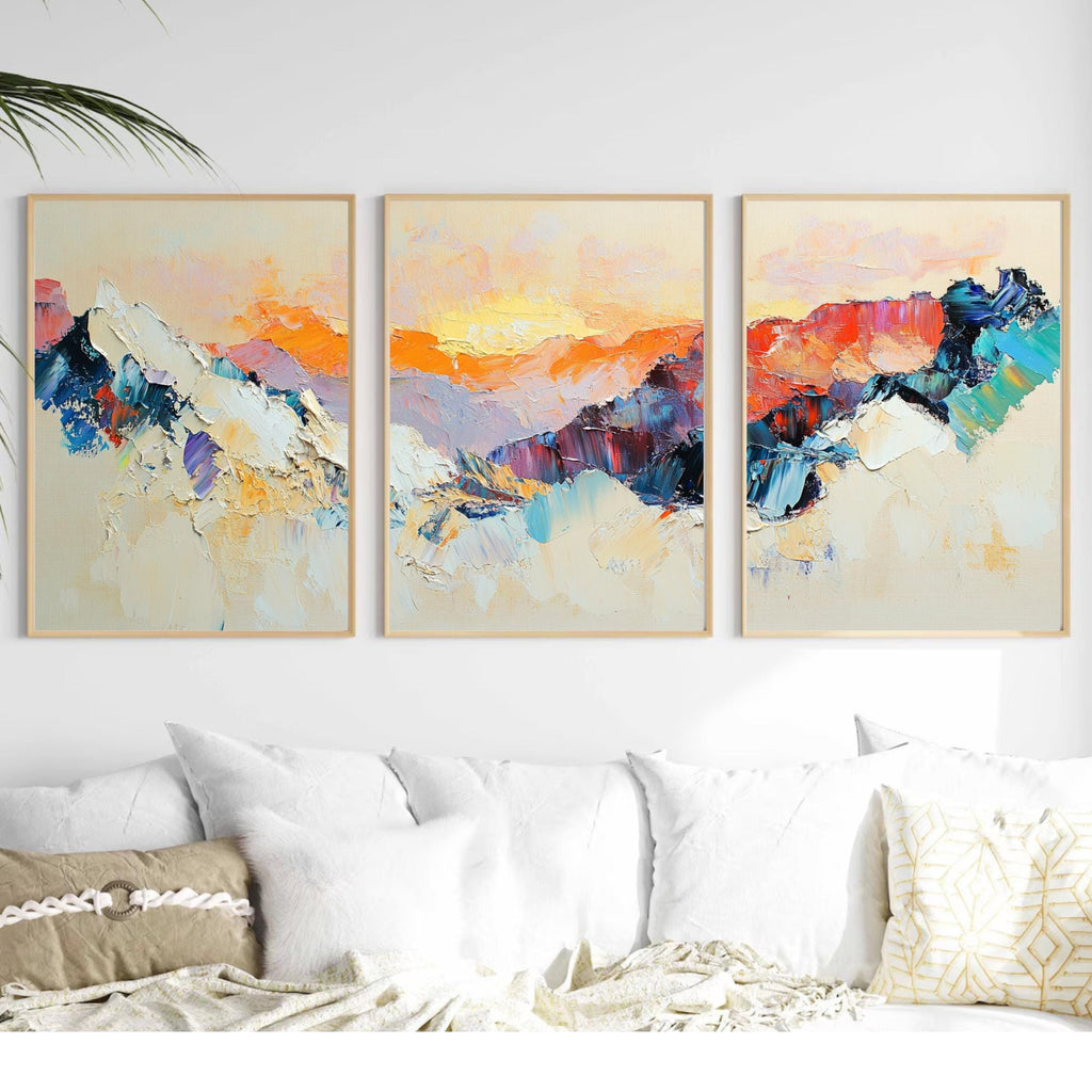 bstract Mountain Sunrise 3-Panel Wall Art – Large Modern Triptych for Beige Living Rooms