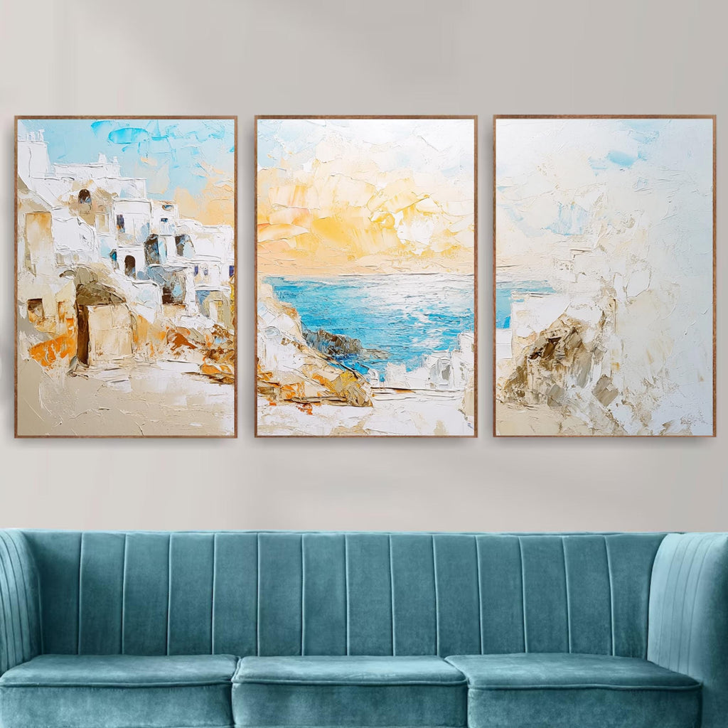 Santorini Greece 3-Panel Wall Art – Mediterranean Coastal Painting, Greek Island Sunset Triptych