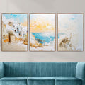 Santorini Greece 3-Panel Wall Art – Mediterranean Coastal Painting, Greek Island Sunset Triptych