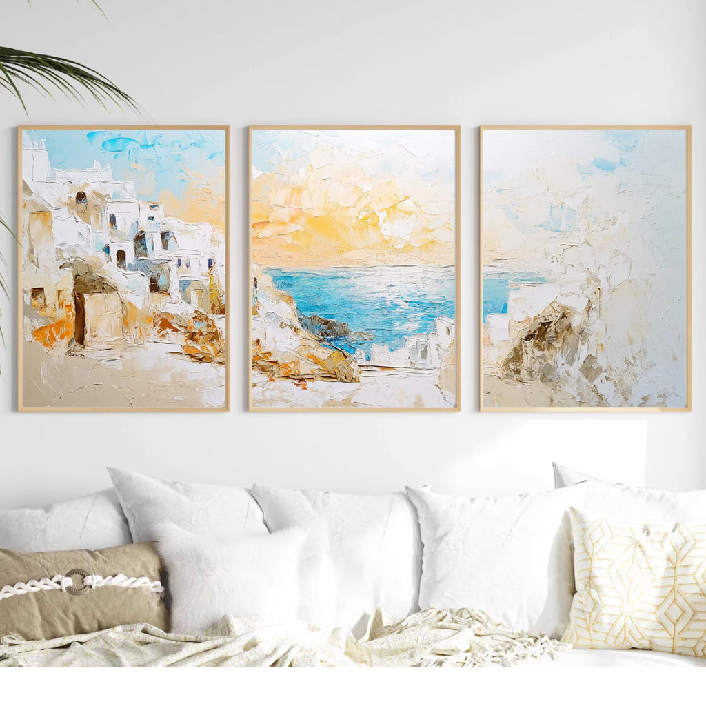 Santorini Greece 3-Panel Wall Art – Mediterranean Coastal Painting, Greek Island Sunset Triptych