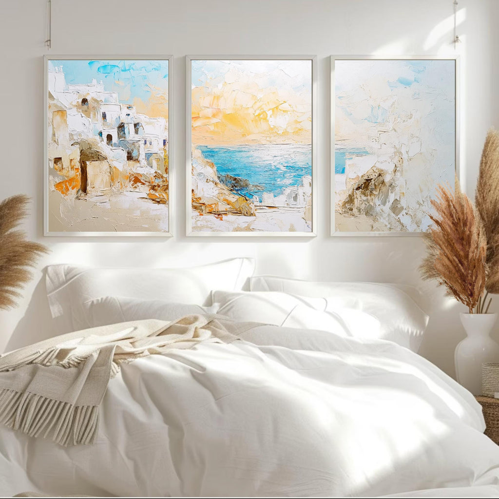 Santorini Greece 3-Panel Wall Art – Mediterranean Coastal Painting, Greek Island Sunset Triptych