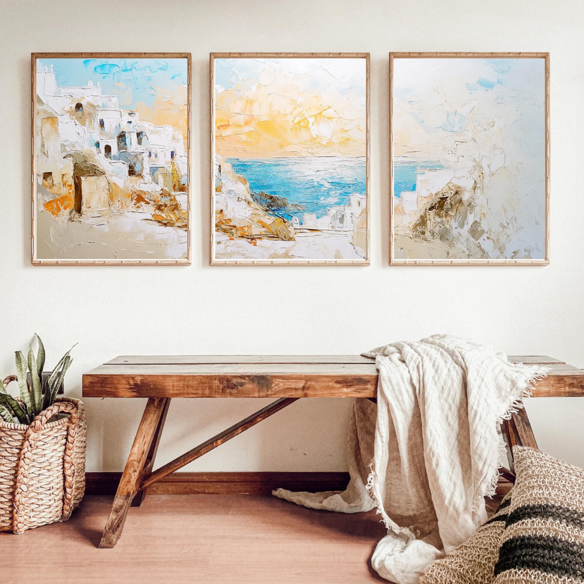 Santorini Greece 3-Panel Wall Art – Mediterranean Coastal Painting, Greek Island Sunset Triptych