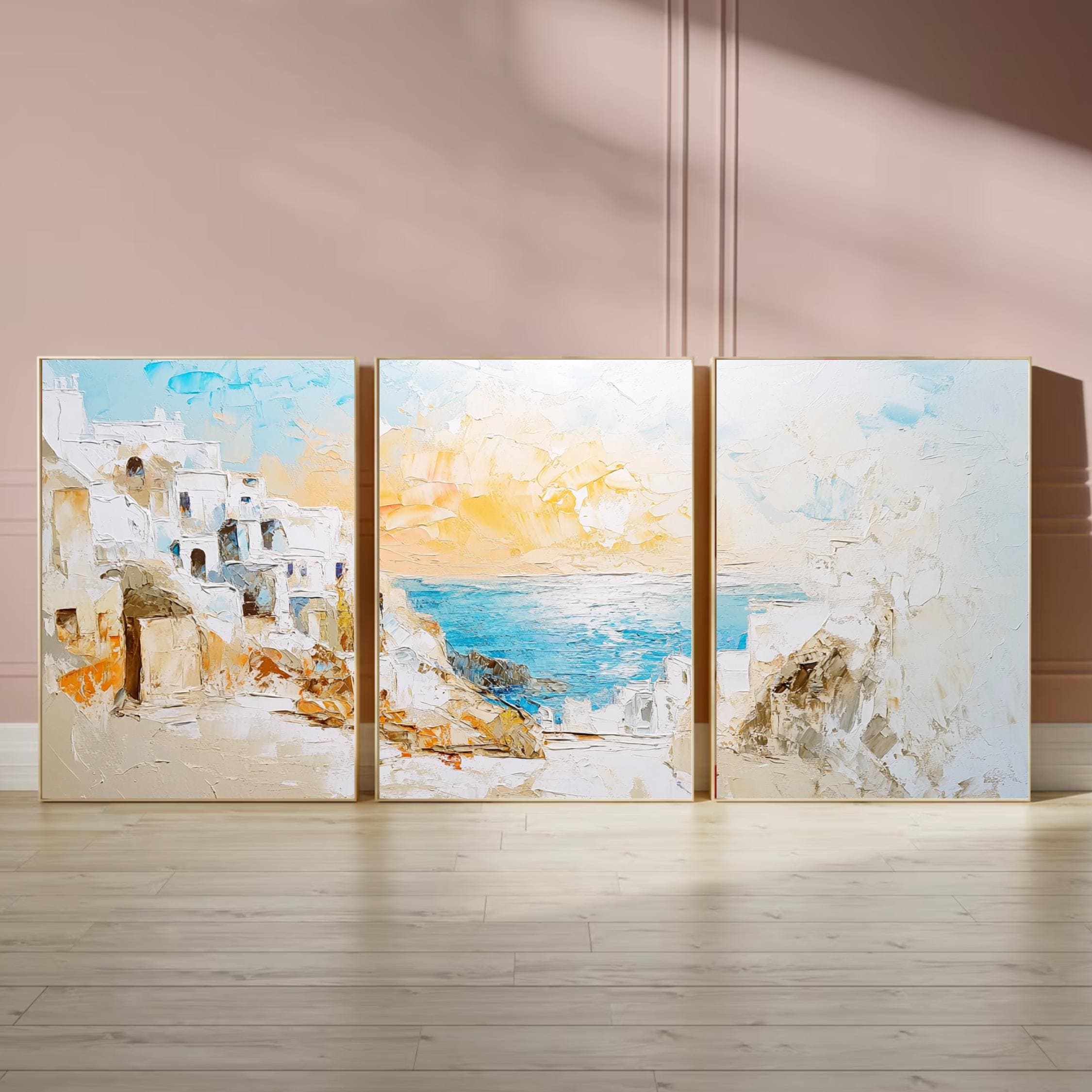 Santorini Greece 3-Panel Wall Art – Mediterranean Coastal Painting, Greek Island Sunset Triptych