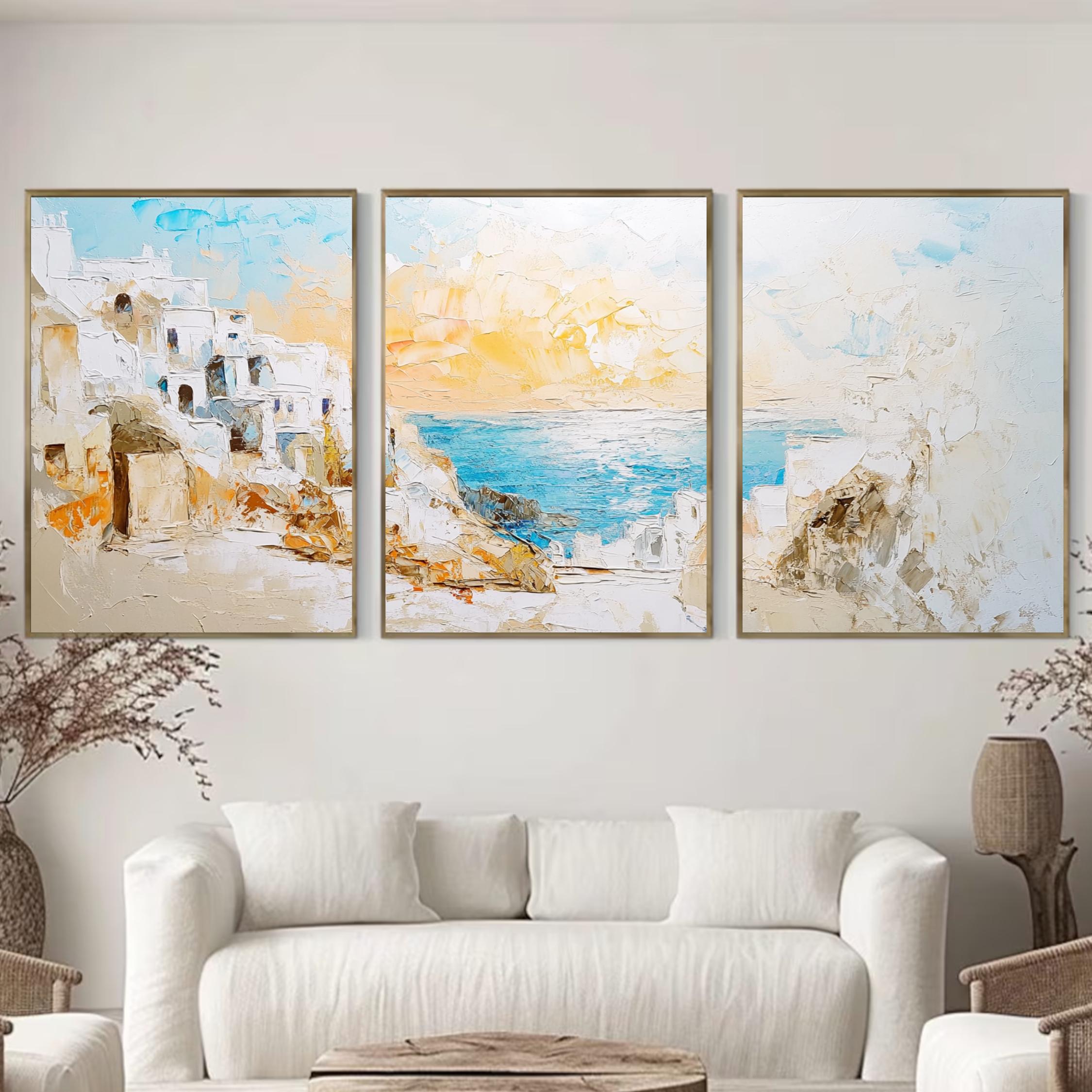 Santorini Greece 3-Panel Wall Art – Mediterranean Coastal Painting, Greek Island Sunset Triptych
