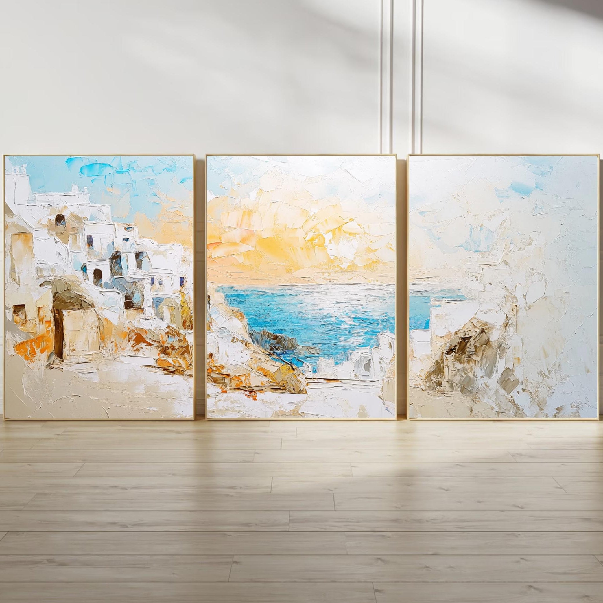 Santorini Greece 3-Panel Wall Art – Mediterranean Coastal Painting, Greek Island Sunset Triptych