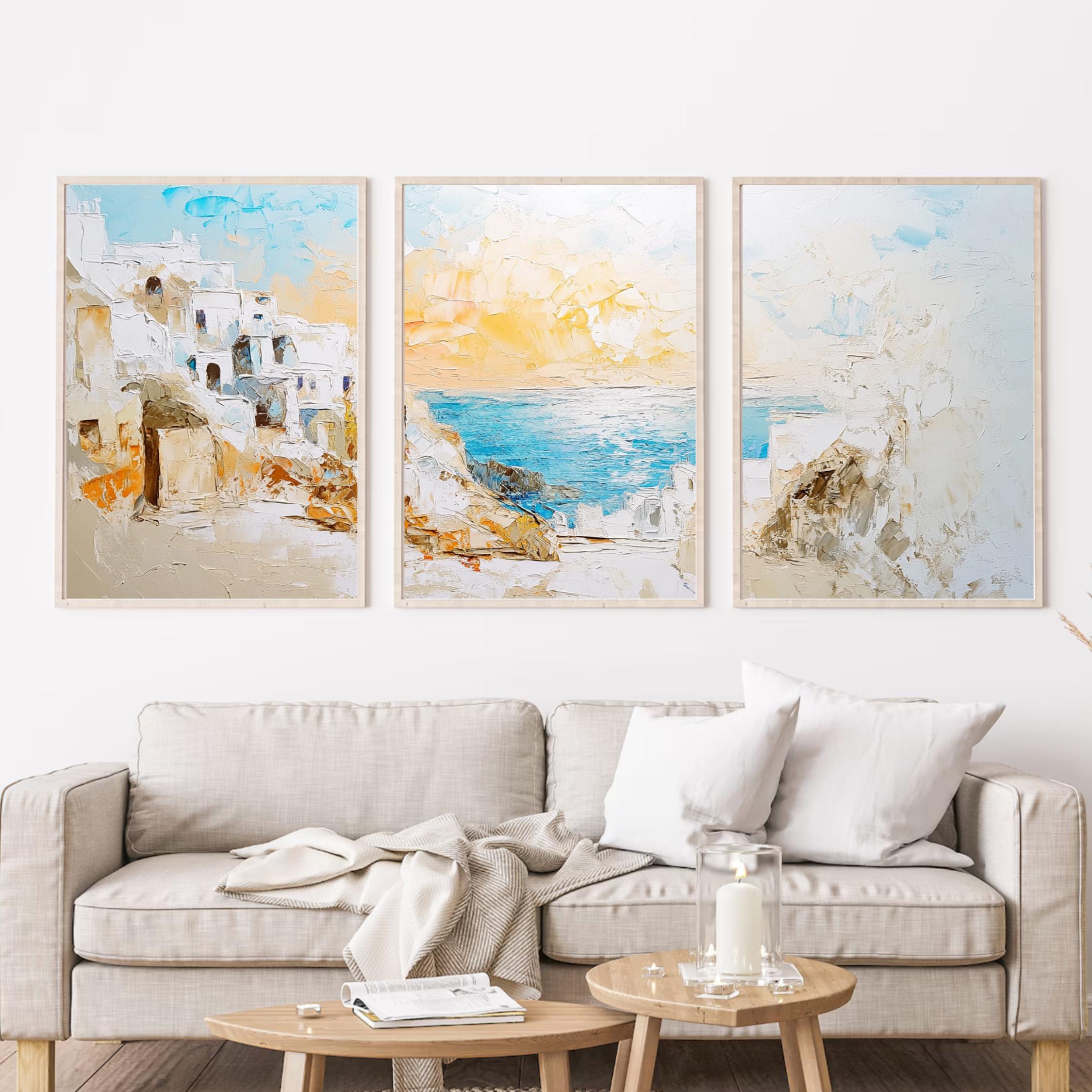 Santorini Greece 3-Panel Wall Art – Mediterranean Coastal Painting, Greek Island Sunset Triptych