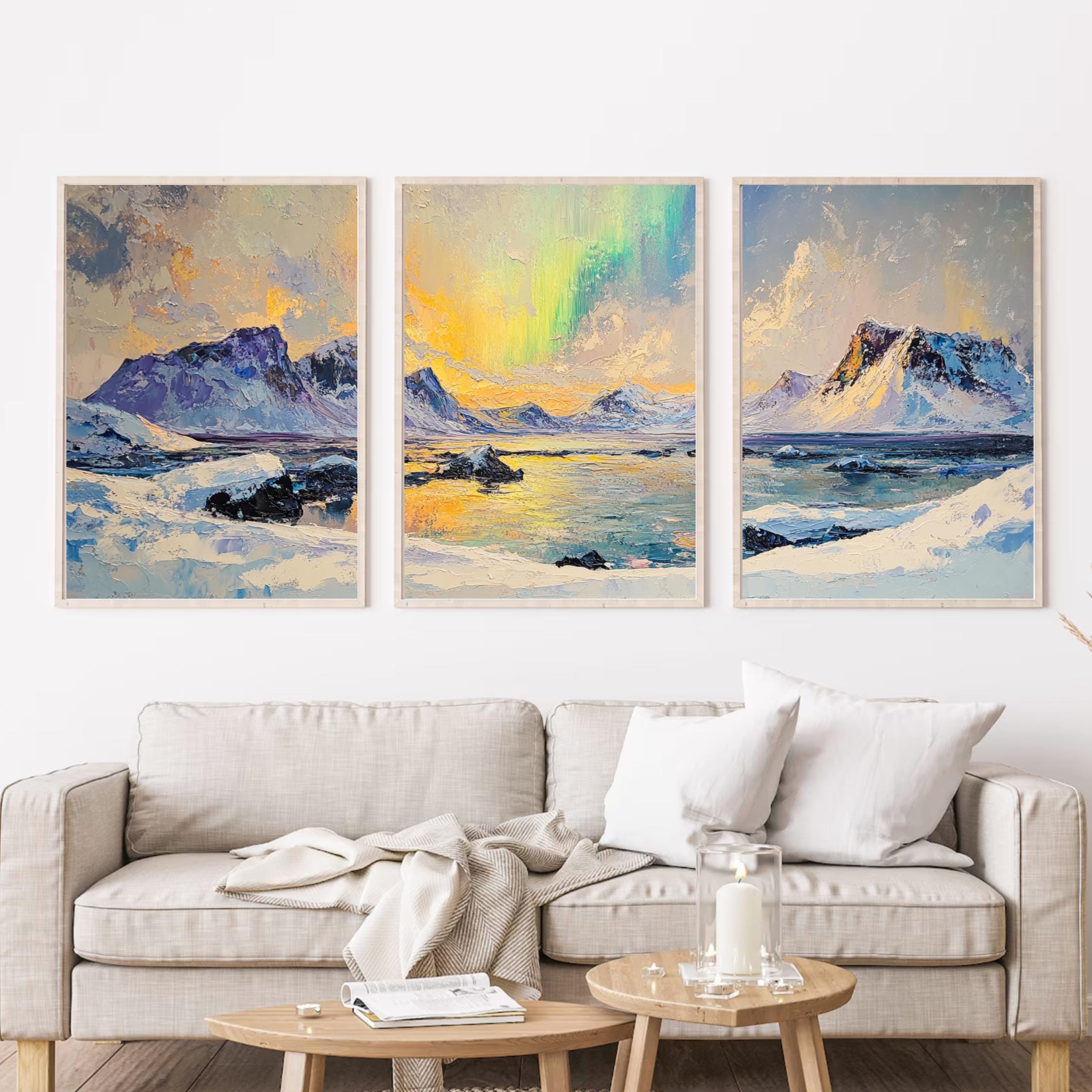 Northern Lights 3-Panel Wall Art – Arctic Landscape Painting, Aurora Borealis Over Snowy Mountains