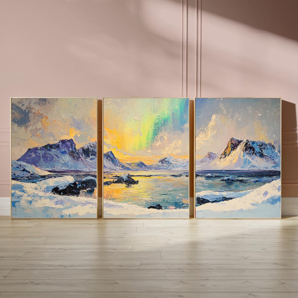 Northern Lights 3-Panel Wall Art – Arctic Landscape Painting, Aurora Borealis Over Snowy Mountains